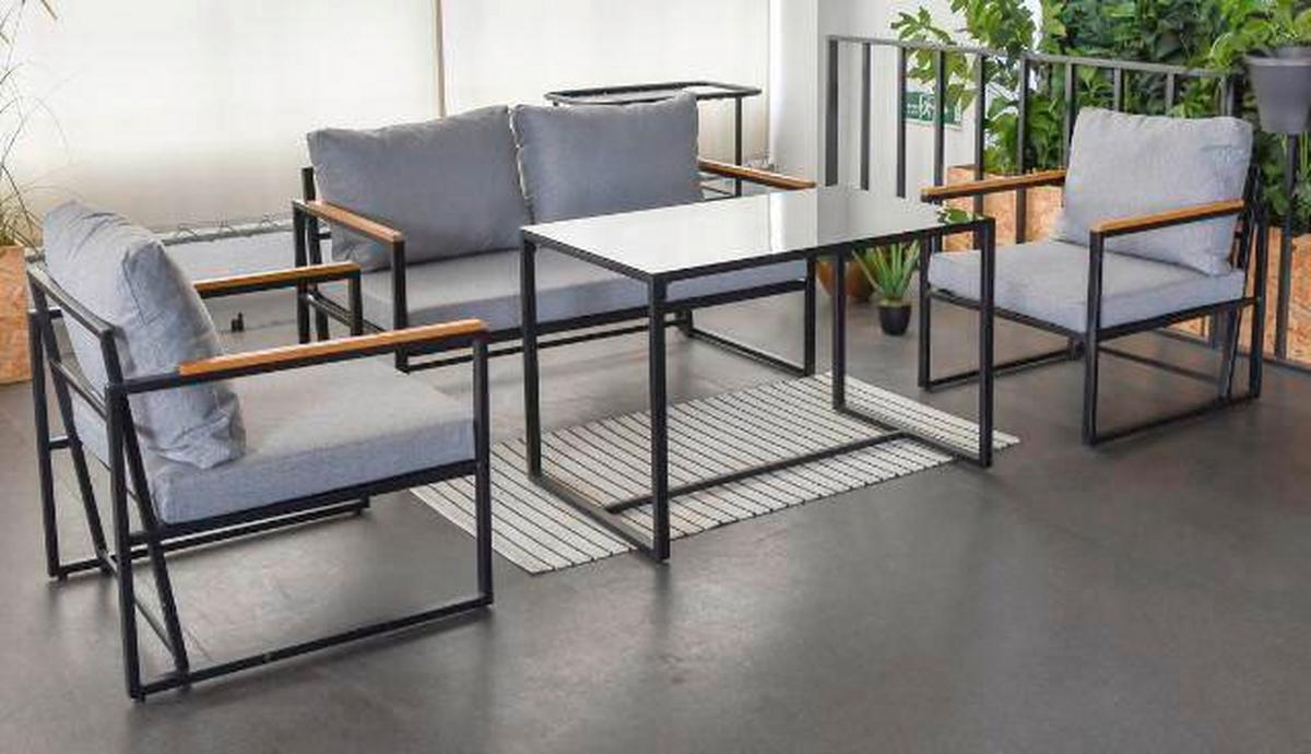 Loungegarnitur 4--Teilig. Messina Metall/Holz/Glas mit Kissen - Schwarz/Grau, MODERN, Glas/Holz - Beldano