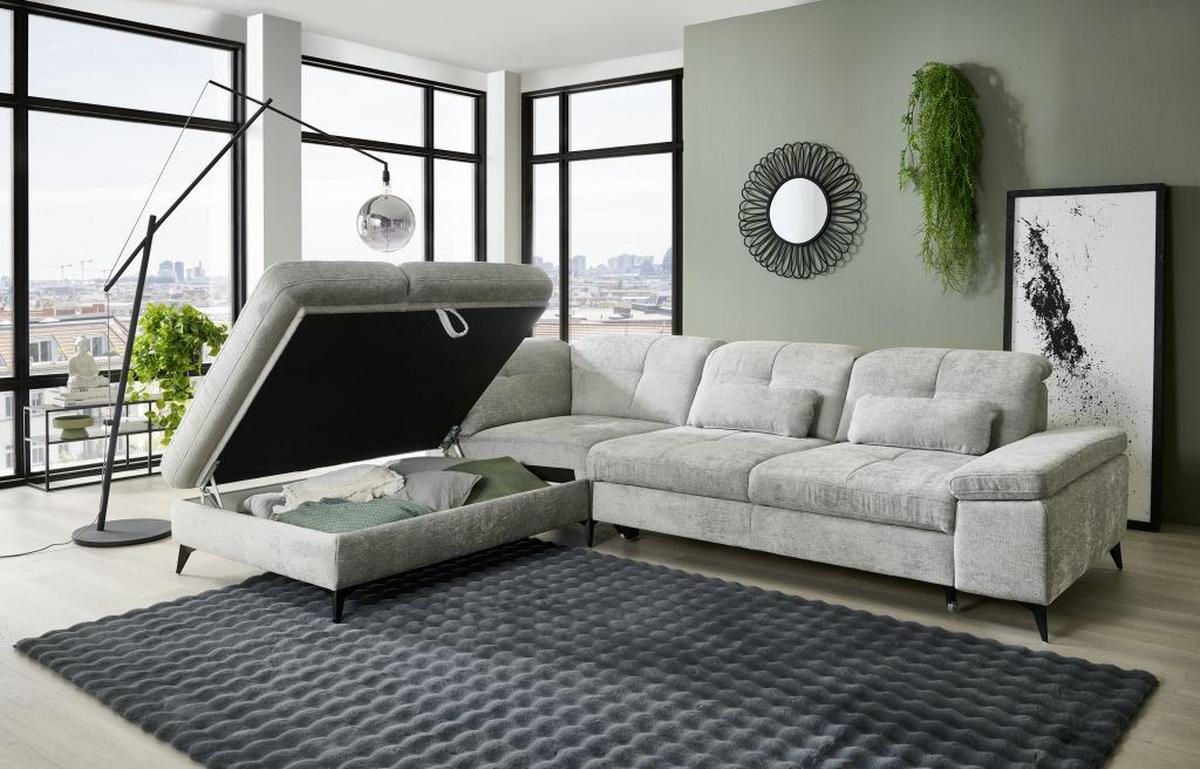 Sedačka SORENA L, ľavá, sv.sivá ženilka, s funkciami - čierna/svetlosivá, Modern, kov/textil (255/311cm) - Premium Living