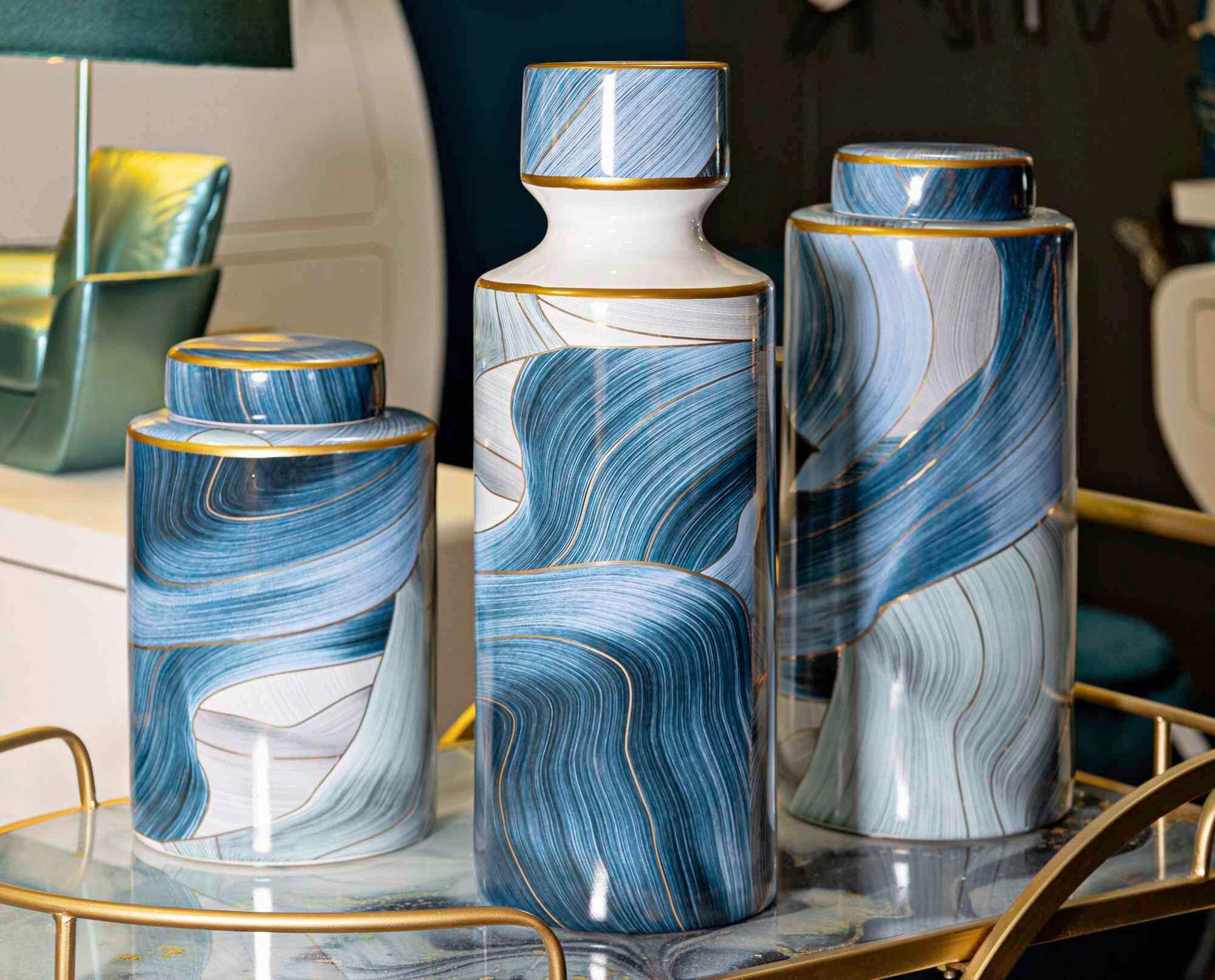 Vase Elegant Tall Blau/grautöne/gold B:14cm - Blau/Goldfarben, Basics, Keramik (14/40/14cm)