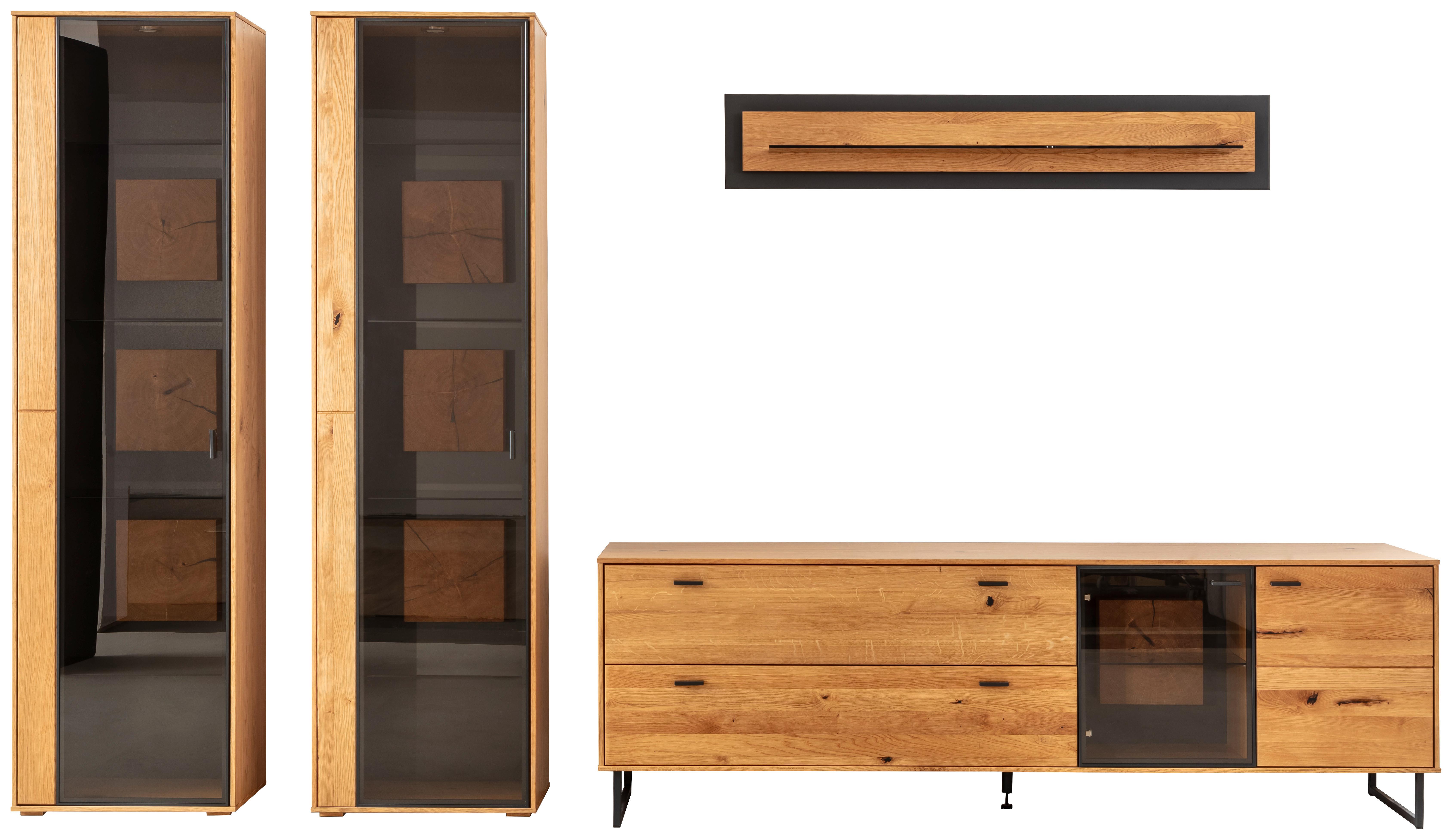 Wohnwand Assini 4-teilig Wildeiche B: 359 Cm - Wildeiche/Schwarz, Design, Glas/Holz (359/206/50cm) - MID.YOU