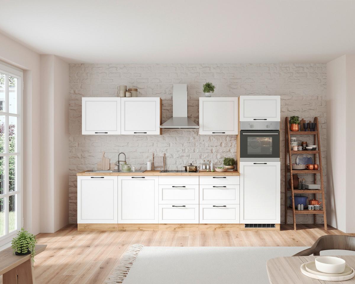 Küchenzeile Meran mit Geräten B: 300 cm Weiß/Eiche Dekor - Eiche Wotan/Weiß, LIFESTYLE, Holzwerkstoff (300cm) - Held