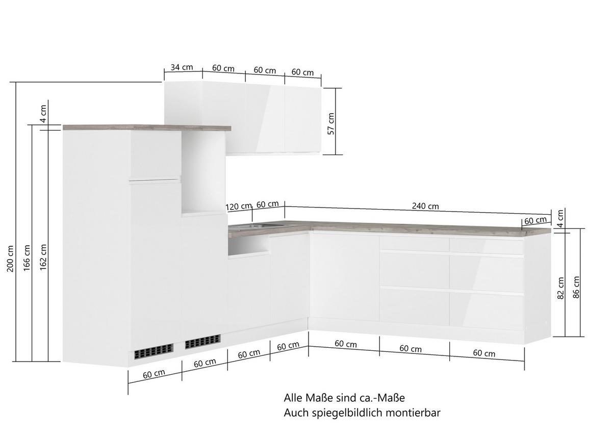 Eckküche Monza ohne Geräte 300x240 cm Weiß/Eiche Dekor - Weiß Hochglanz/Eiche Wotan, LIFESTYLE, Holzwerkstoff (300/240cm) - Held