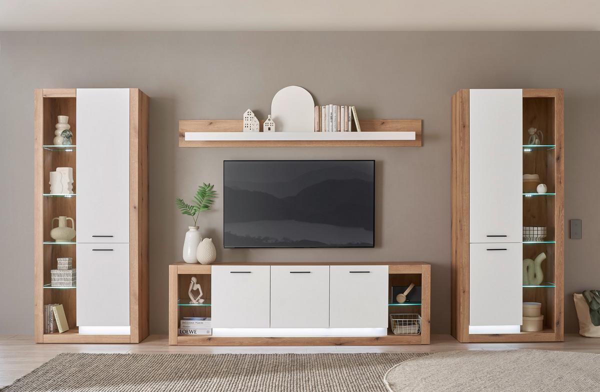 Wohnwand Brixen Weiß/Eichefarben B: 398cm - Eichefarben/Weiß, Design, Glas/Holzwerkstoff (398/195/43cm) - MID.YOU