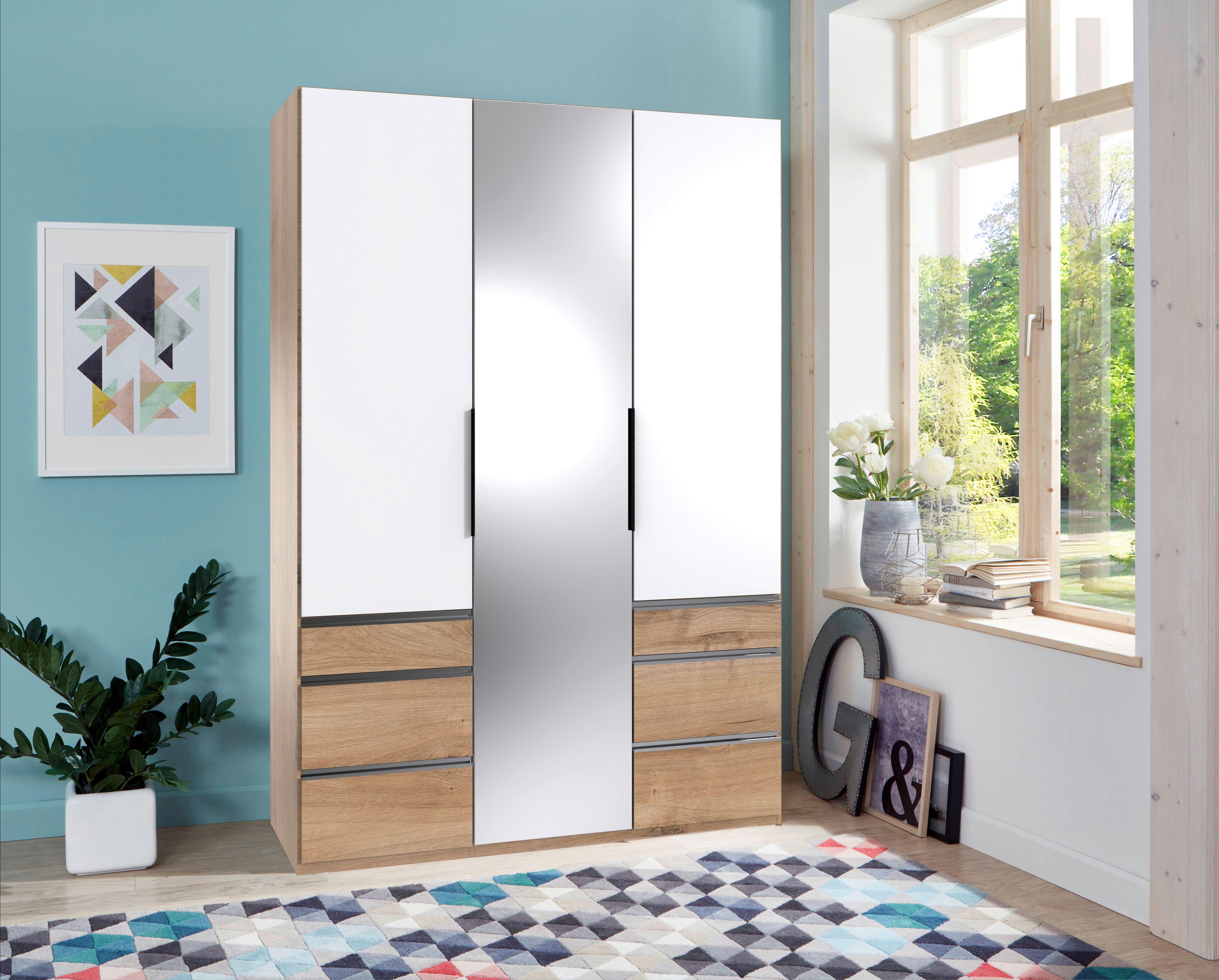 Drehtürenschrank Mit Spiegel + Laden 150cm Level 36a, Weiß - Eichefarben/Silberfarben, MODERN, Glas/Holzwerkstoff (150/216/58cm) - MID.YOU