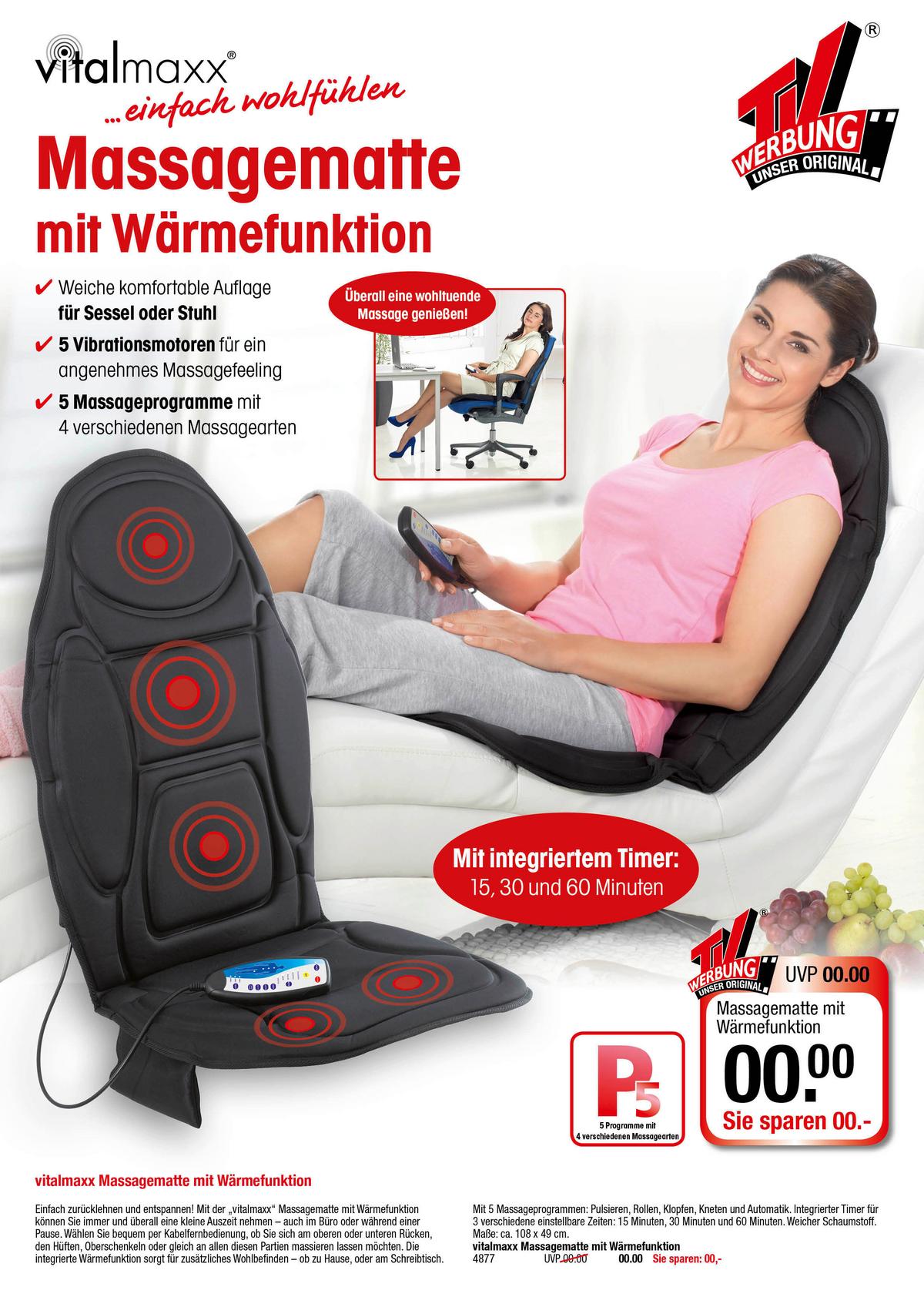 Massage-sitzauflage Wärmefunktion 4 Zonen - Schwarz, Basics, Textil (109/49/5cm)