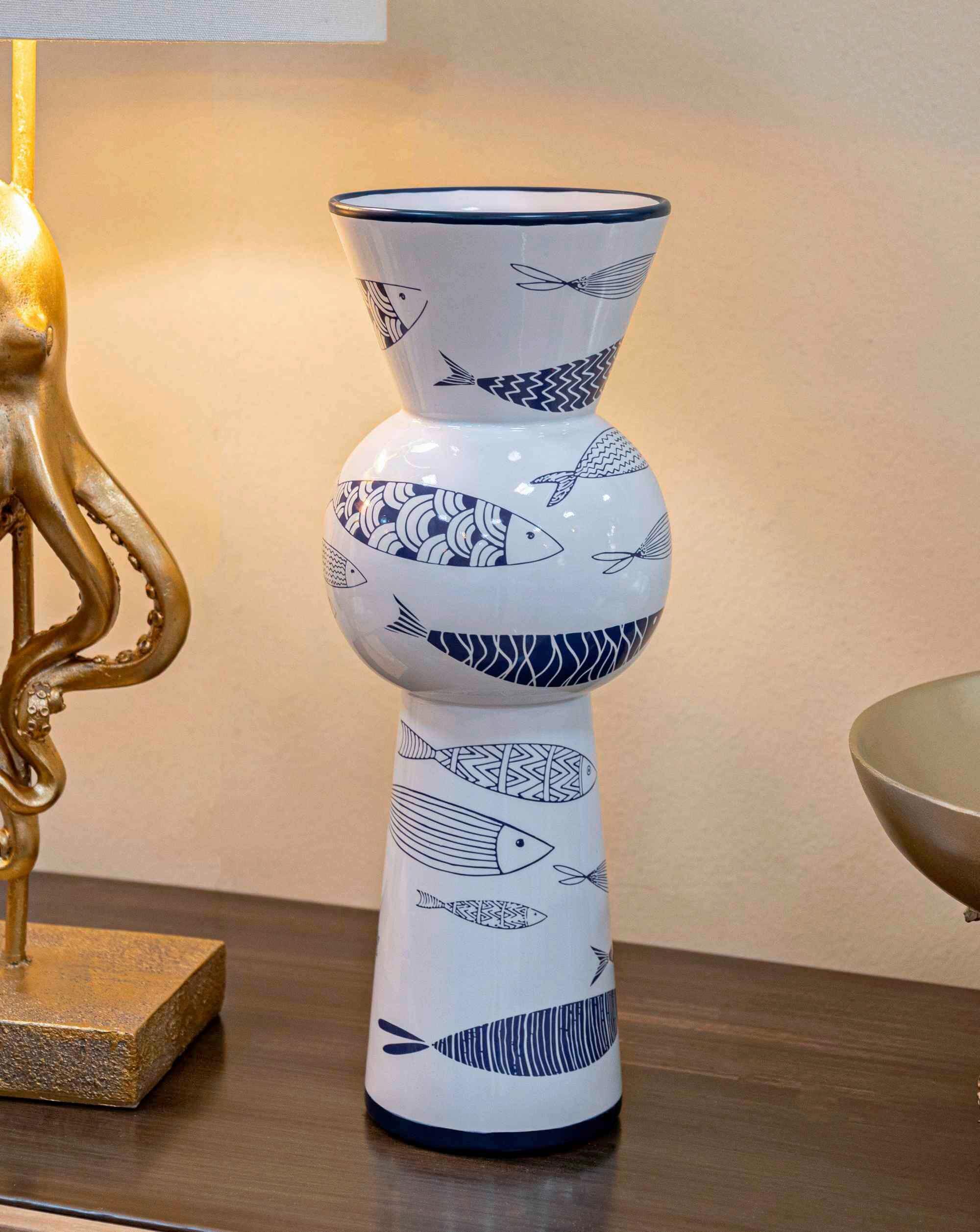 Vase Fish Tall Blau, Weiß B: 14 Cm - Blau/Weiß, Basics, Keramik (14/38.5/14cm)
