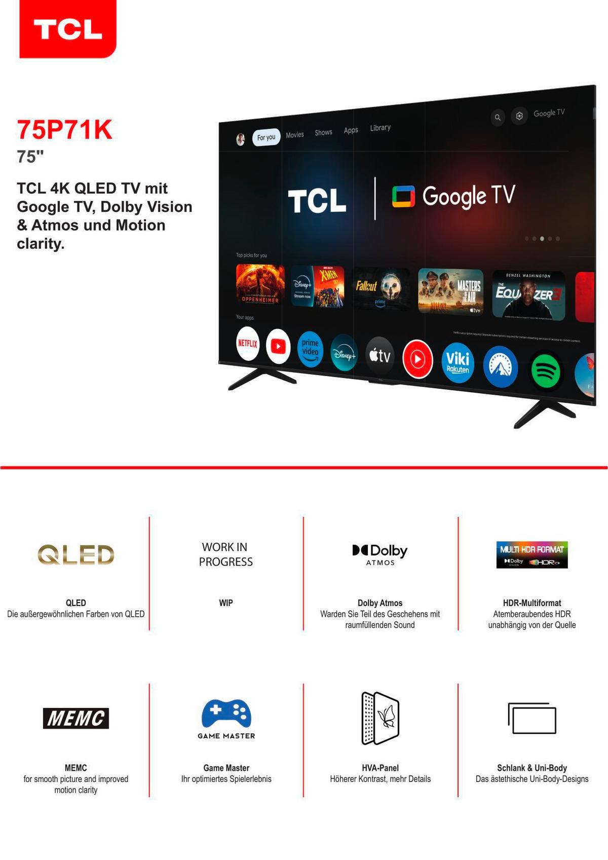 FERNSEHER TCL 75P71K - Schwarz, Basics, Kunststoff (166,6/102,8/34,3cm)