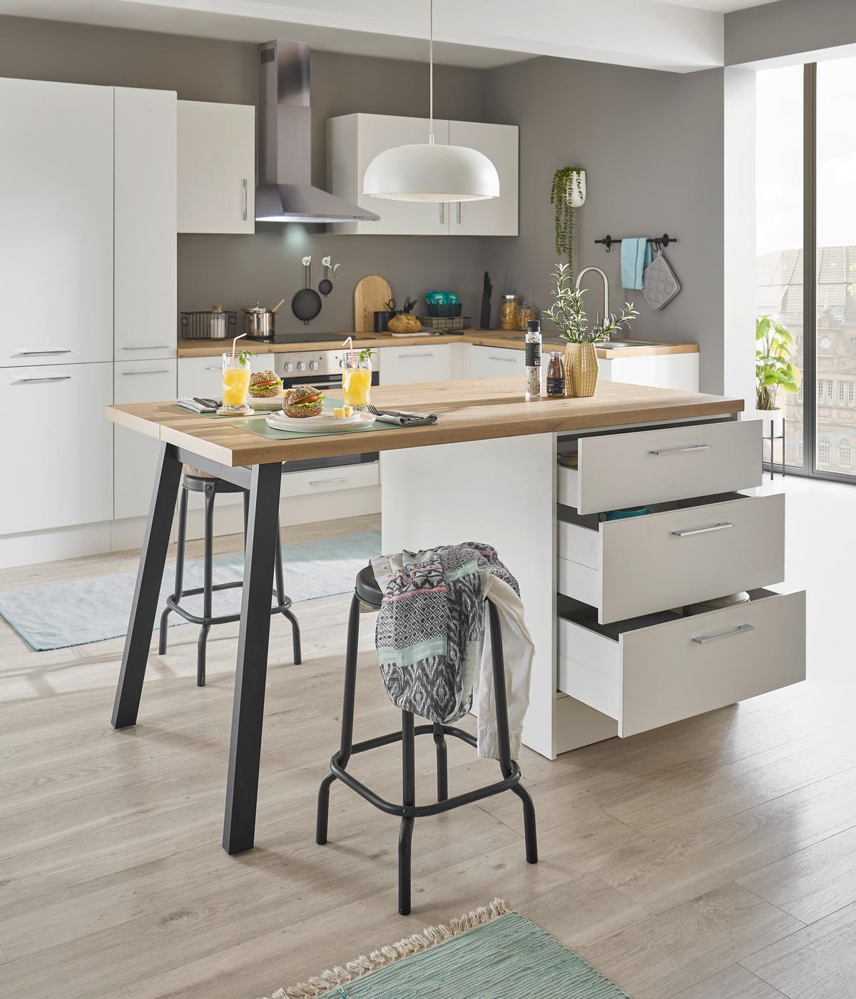 Kuchyňský ostrůvek TURIN I bílá/ dub Artisan - bílá/černá, Moderní, kov/kompozitní dřevo (150/91/90cm)