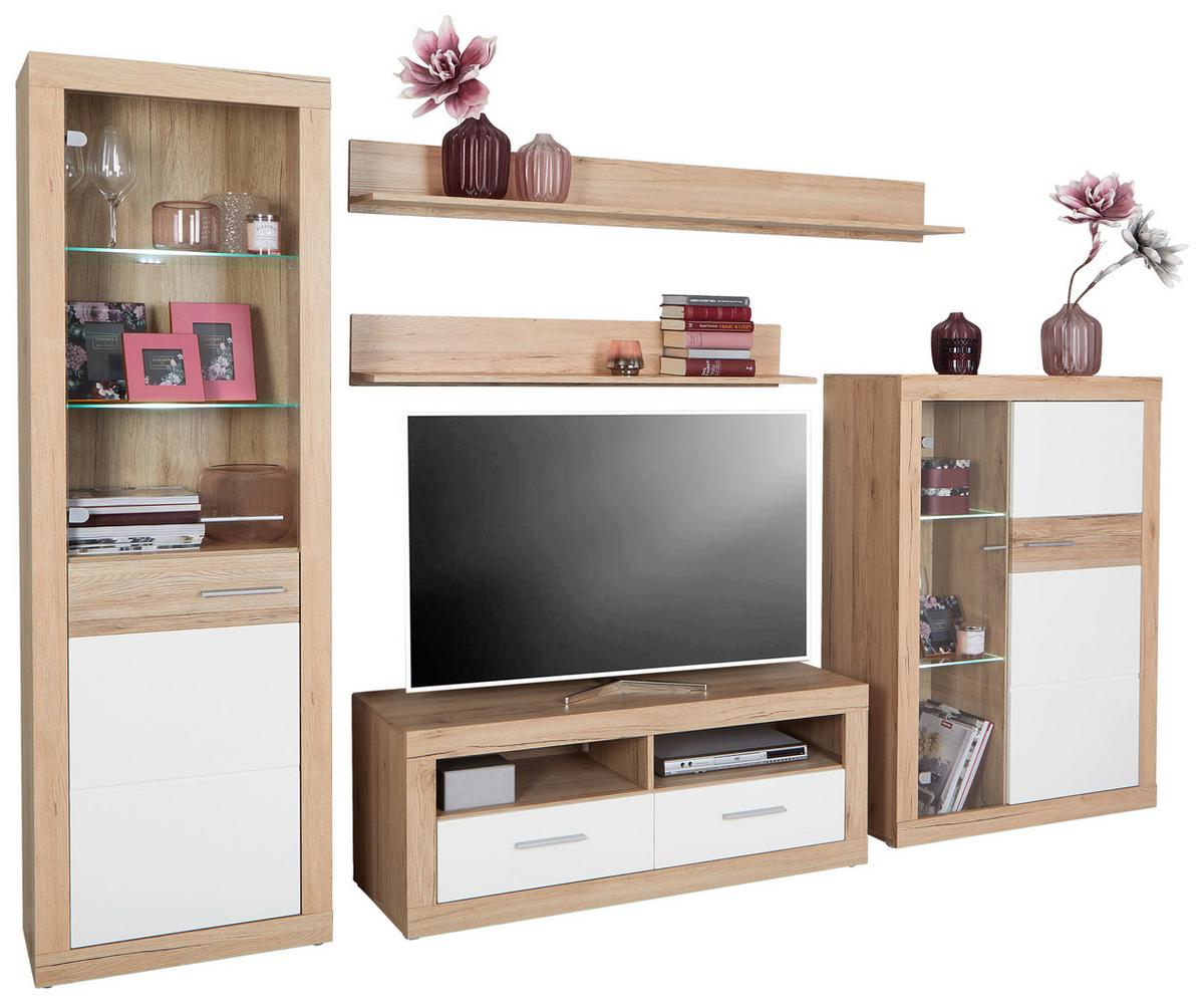 Wohnkombination 5 -Teilig. mit Led Malta 9, Eiche Dekor/Weiß - Eichefarben/Weiß, MODERN, Glas/Holzwerkstoff (288/197/42cm)