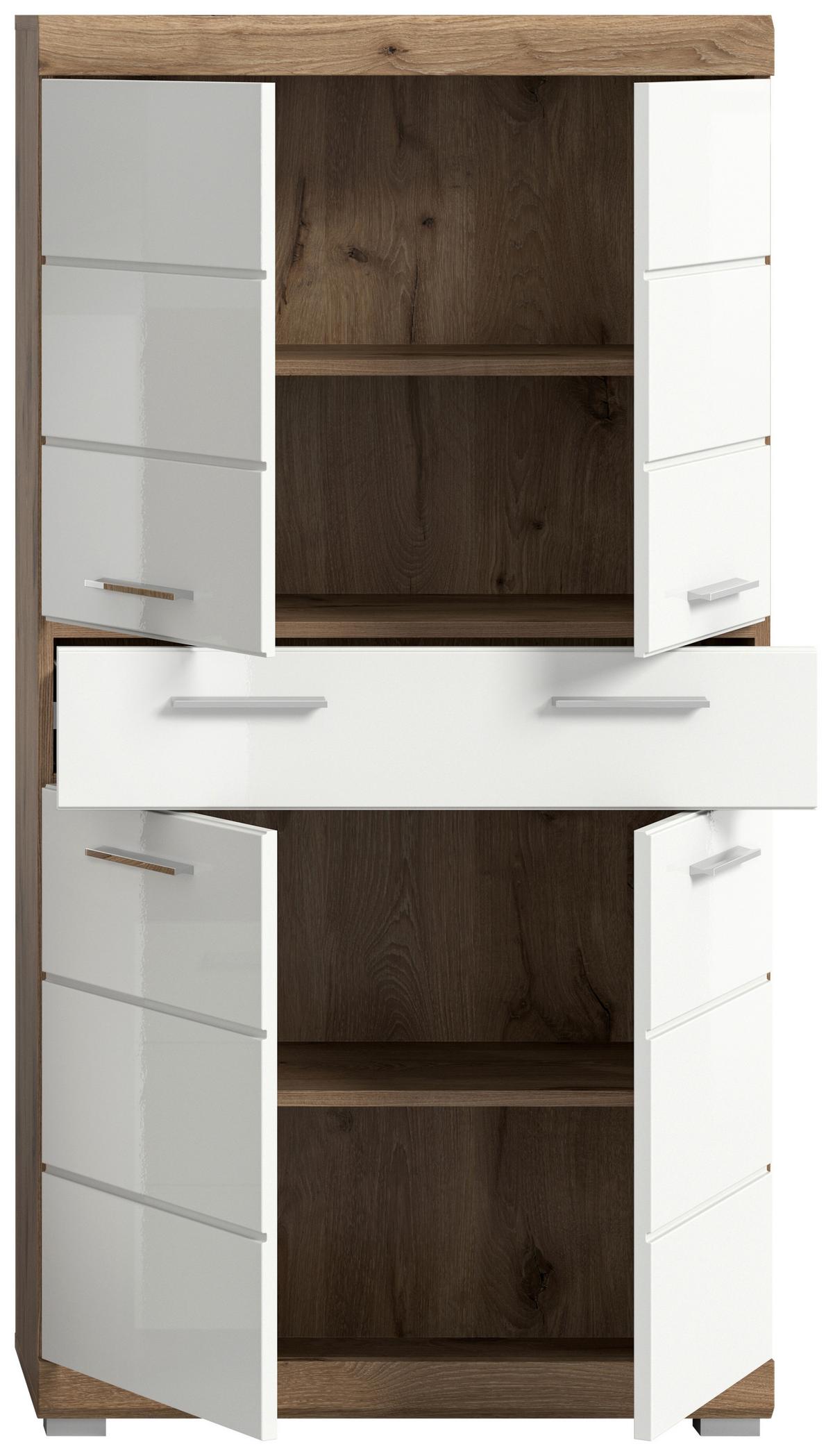 Stredne vysoká skrinka Wave, biela/dub - biela s vysokým leskom/farba jelše, Modern, kompozitné drevo/plast (74/141/31cm) - MID.YOU