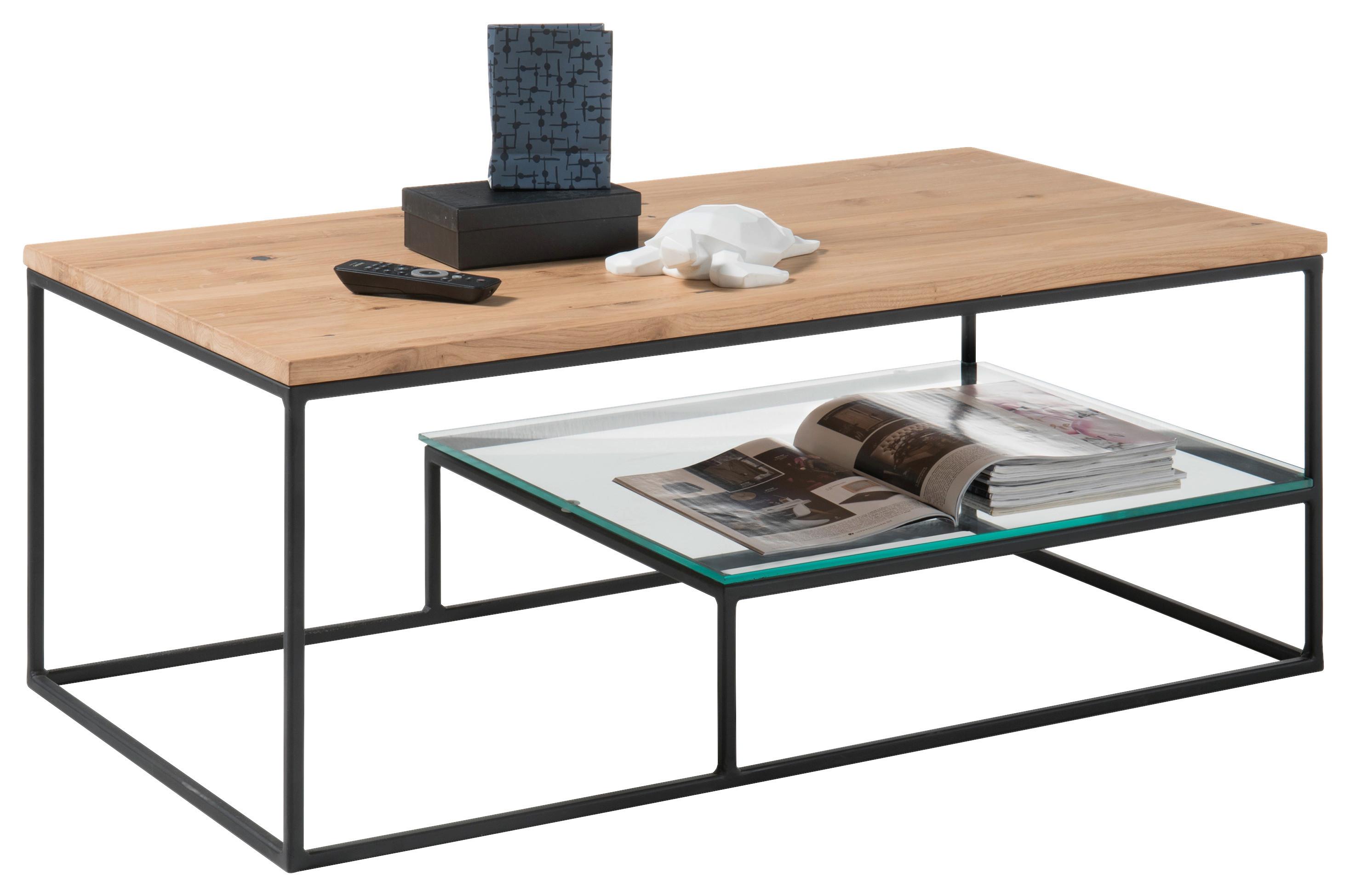 Couchtisch mit Holzplatte und Ablagefach Thore Eiche/Schwarz - Klar/Eichefarben, MODERN, Glas/Holz (110/60/42cm) - Livetastic