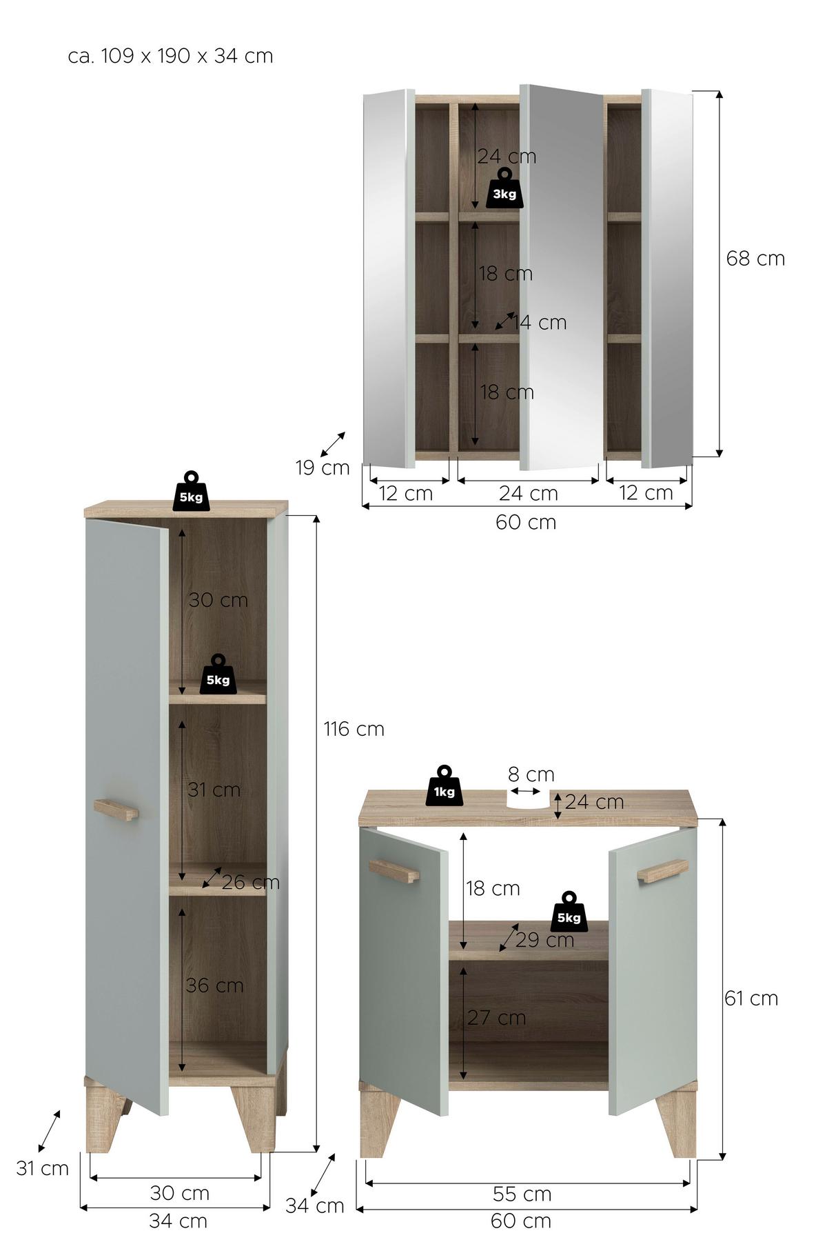 Badezimmer Eiche/Graugrün K: 94 cm - Eichefarben/Hellgrün, MODERN, Holzwerkstoff (94cm) - MID.YOU