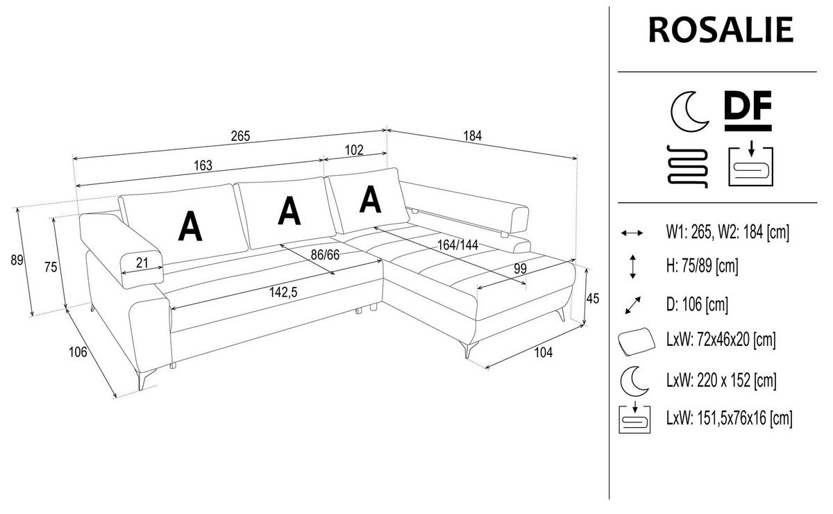 Rohová sedačka ROSALIE, pravá s úložným prostorem a lůžkem - černá, Konvenční, kov/textil (265/184cm)