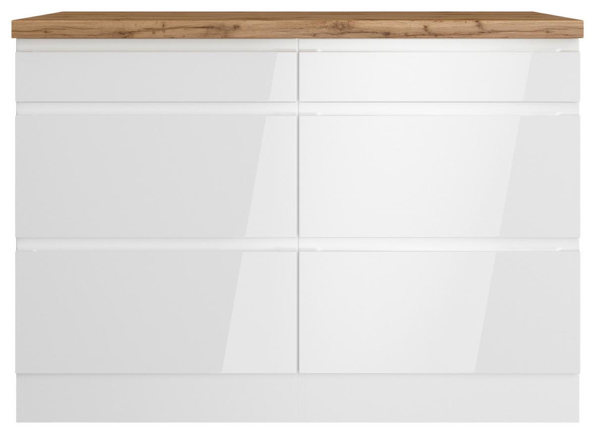 Küchenunterschrank Monza 120 cm Weiß/Eiche Dekor - Weiß Hochglanz/Eiche Wotan, LIFESTYLE, Holzwerkstoff (120/86/60cm) - Held
