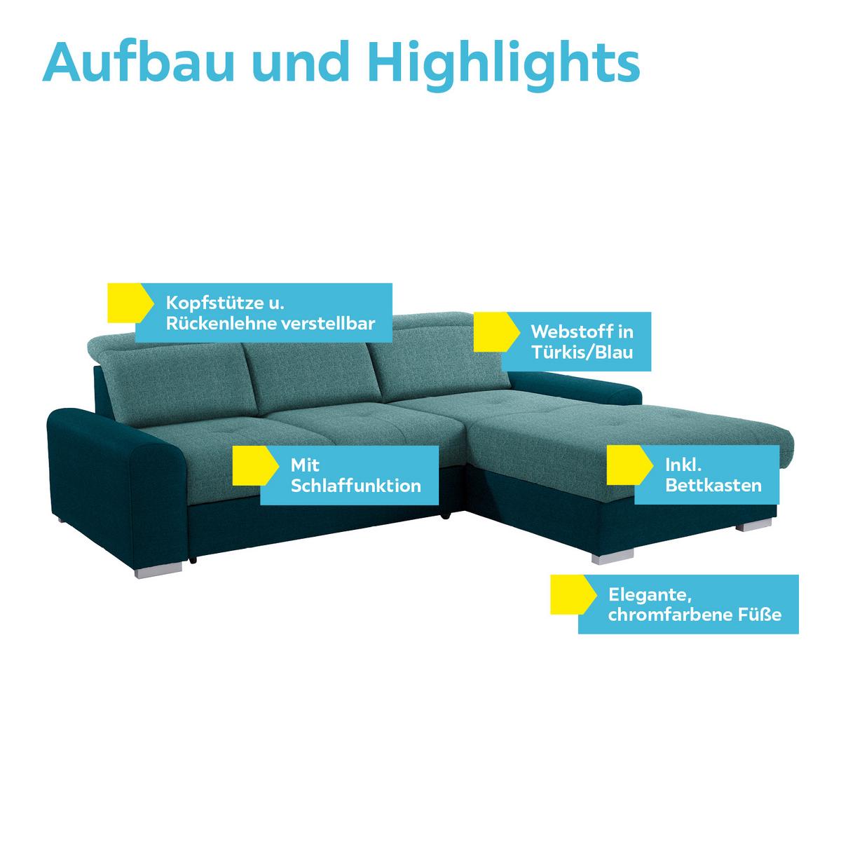 Ecksofa Mit Schlaffunktion + Bettkasten Malaga, Webstoff - Türkis/Blau, KONVENTIONELL, Textil (286/203cm) - Ondega