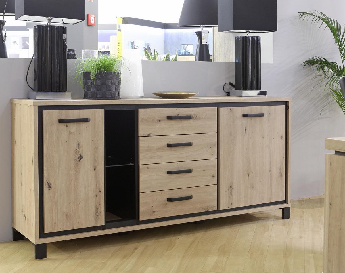 Sideboard mit Glaselement B: 177,4cm Trondheim, Eiche Dekor - Eichefarben/Schwarz, Basics, Glas/Holzwerkstoff (177,4/81,3/41,5cm) - Livetastic