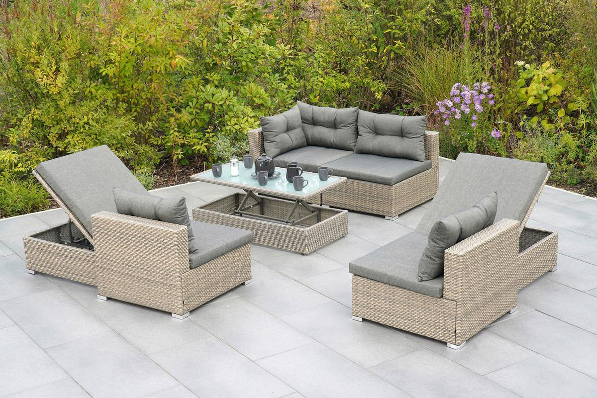 Loungegarnitur 7-Tlg. Vilemanzano aus Kunststoff - Naturfarben/Grau, MODERN, Glas/Kunststoff - Gardenson