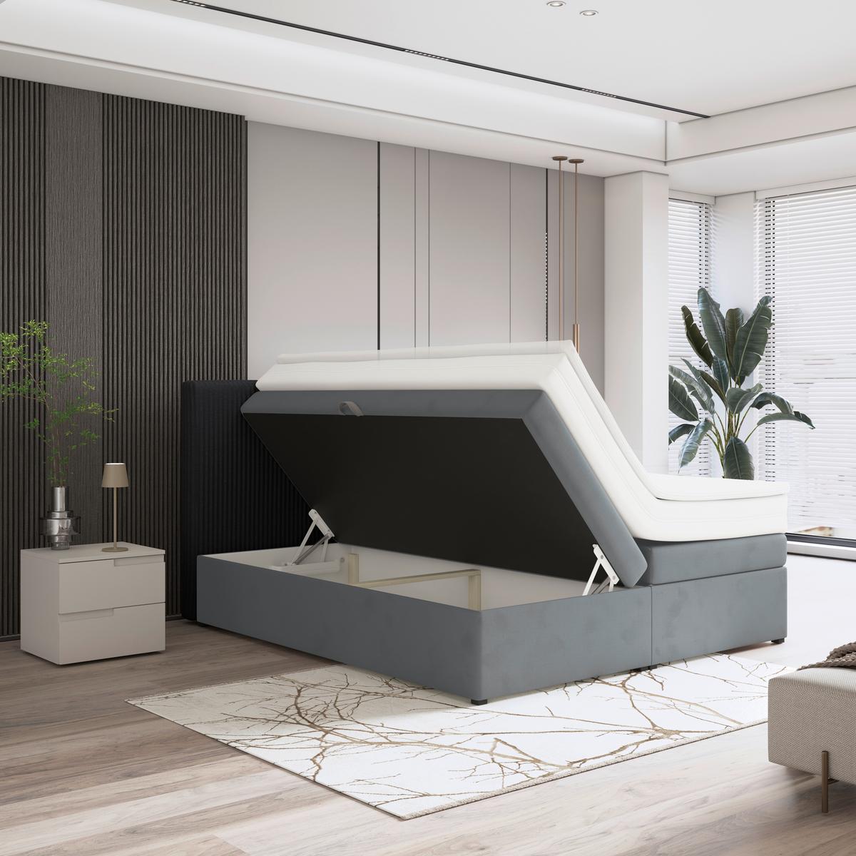 Boxspringbett Mit Topper & Bettkasten 160x200 Rossa - Blaugrau/Schwarz, MODERN, Holzwerkstoff/Textil (160/200cm)