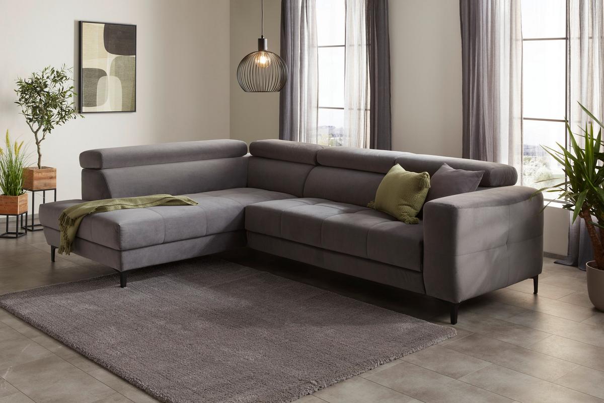 Rohová sedačka EMMA, ľavá, sivá,nast.op.hl,USB,el.výsuv - čierna/sivá, Modern, textil (210/301cm) - Premium Living