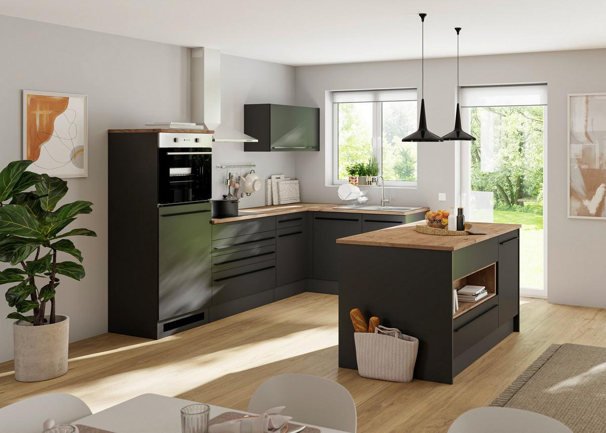 Kuchynský blok JAZZ 6 bez spotrebičov, šírka 260cm - čierna/farba duba, Modern, kompozitné drevo (260/200/60cm) - Modern Living