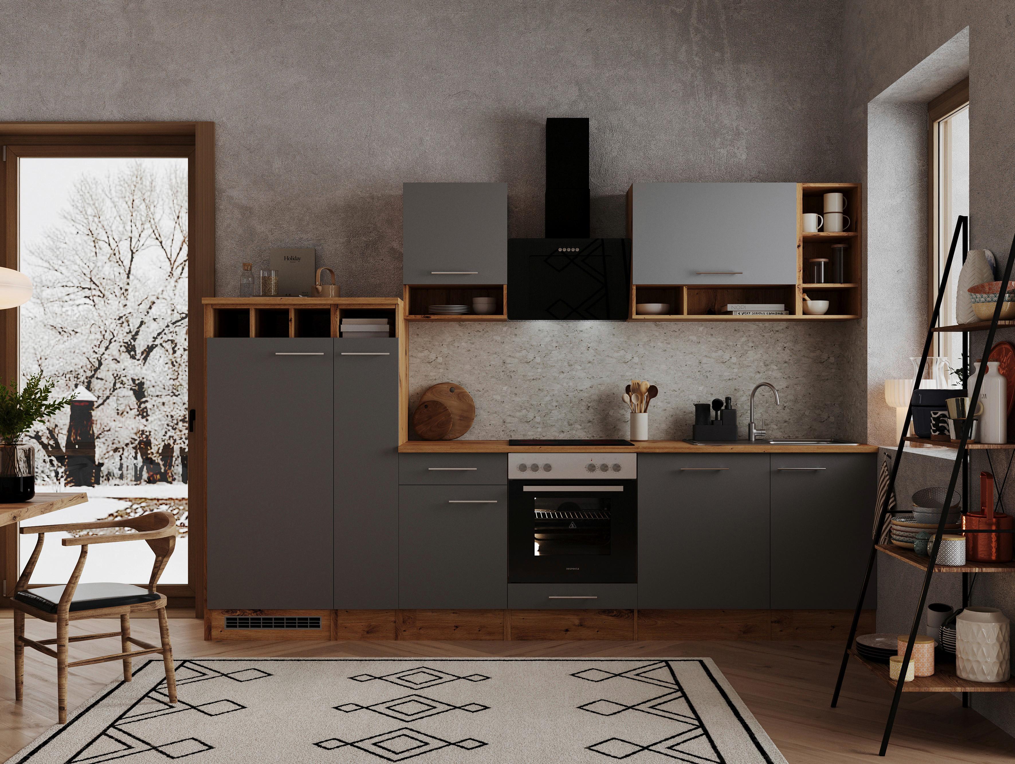Küchenzeile Economy Mit Geräten 310 cm Grau/Wildeiche - Wildeiche/Grau, Basics, Holzwerkstoff (310cm) - Respekta