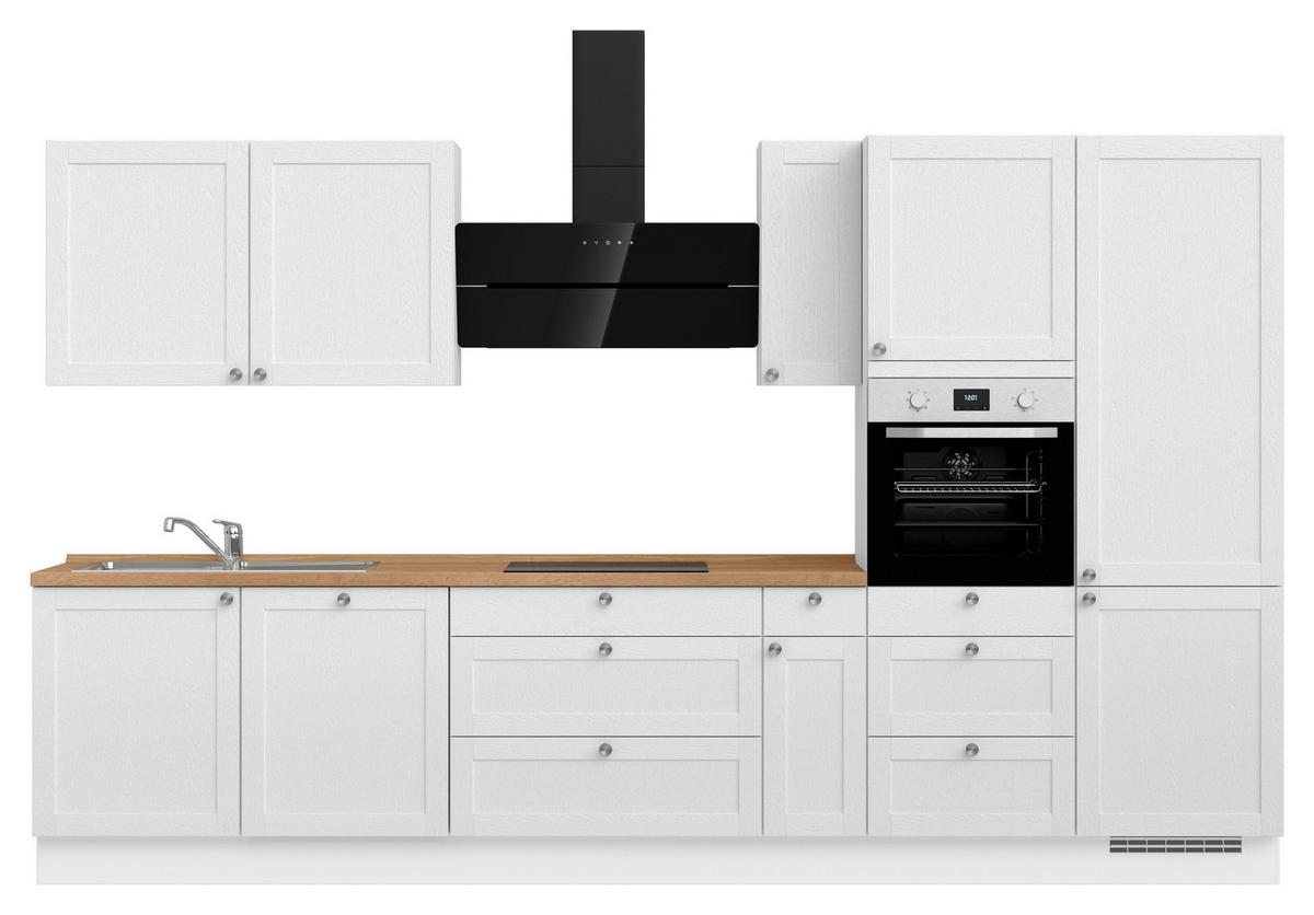 Kuchynská linka 360 cm, biela / dub Sierra - biela/farba ušľachtilej ocele, Romantik / Landhaus, kov/kompozitné drevo (360cm) - Nobilia
