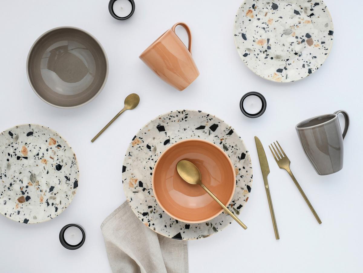 Kombiservice Terrazzo Mix, Grau, 16-Tlg. - Koralle/Multicolor, Basics, Keramik - Creatable