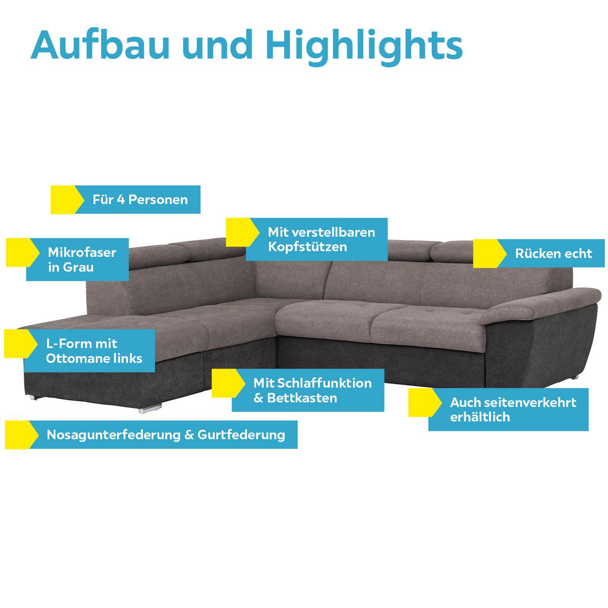 Ecksofa Mit Bettkasten Antero Kopfteile Verstellbar - Chromfarben/Schwarz, Design, Textil (216/262cm) - Livetastic