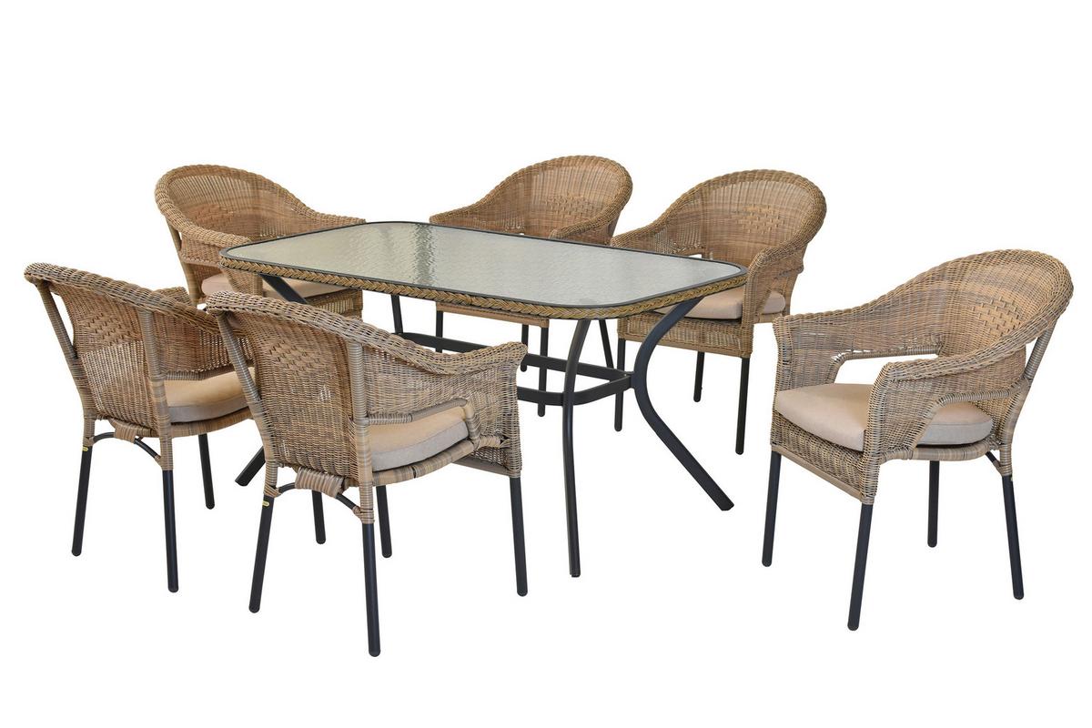 Gartentischgruppe Ravenna 7--Teilig., Kunststoff+sitzkissen - Beige/Graphitfarben, KONVENTIONELL, Glas/Kunststoff - Gardenson