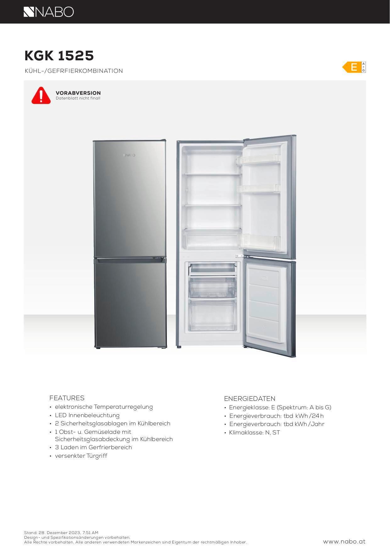 Kühl-Gefrierkombination Kgk 1525 Edelstahlfarben - Edelstahlfarben, Basics, Glas/Kunststoff (49,5/142,5/53cm) - Nabo