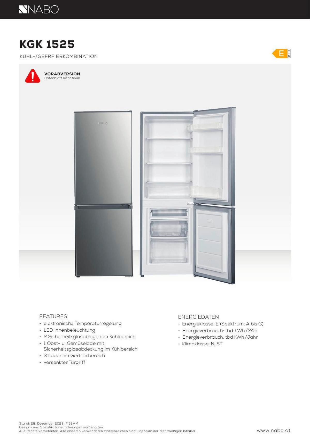 Kühl-Gefrierkombination Kgk 1525 Edelstahlfarben - Edelstahlfarben, Basics, Glas/Kunststoff (49,5/142,5/53cm) - Nabo