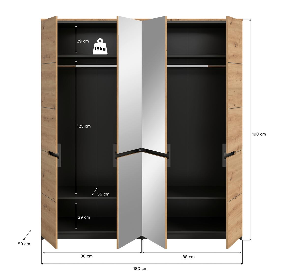 Drehtürenschrank Canu Grau /Eiche Artisan Dekor B: 180cm - Eiche Artisan/Grau, MODERN, Glas/Holzwerkstoff (180/198/59cm) - MID.YOU