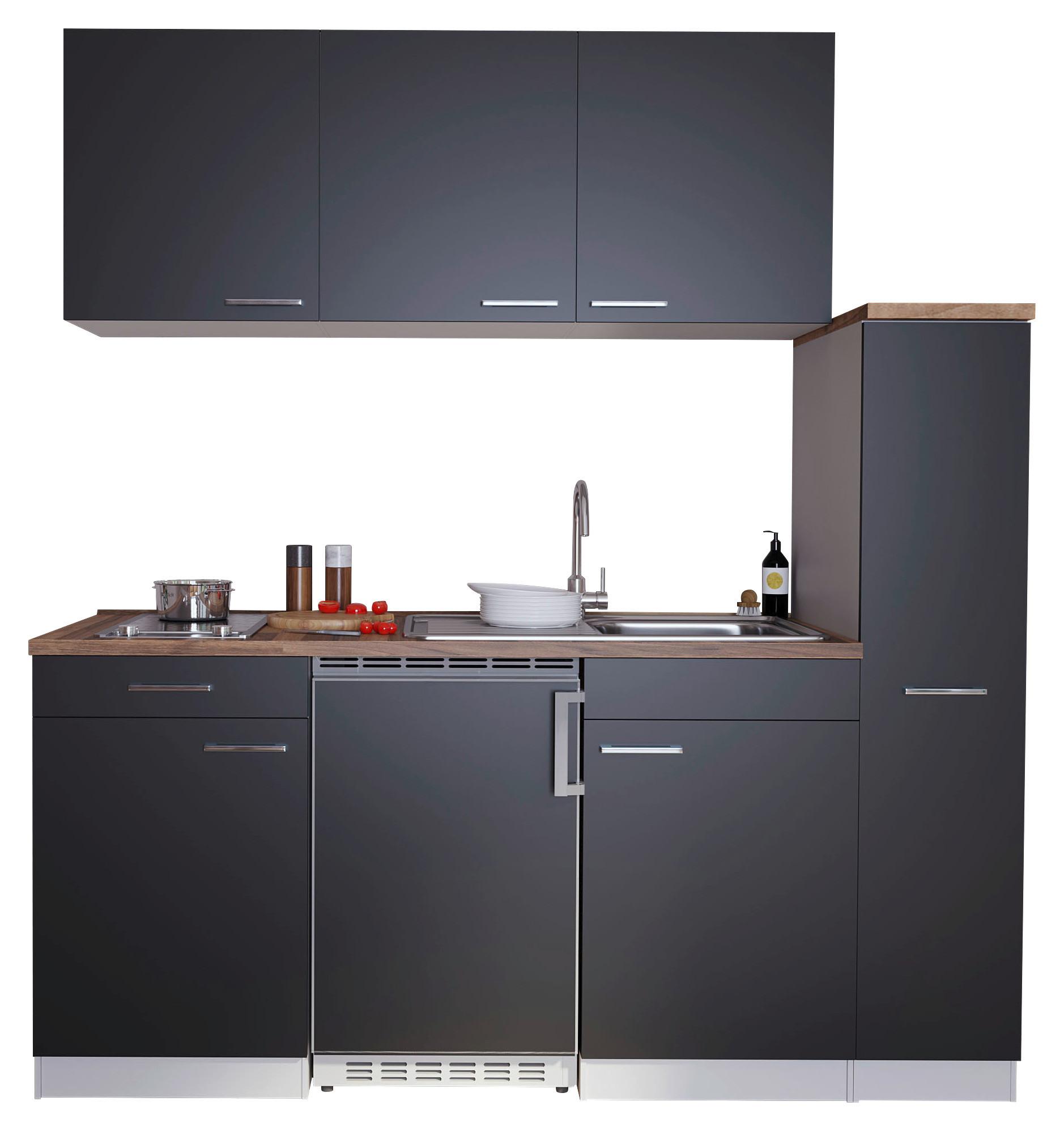 Küchenzeile Economy mit Geräten 180 cm Schwarz/Nussbaum Dekor - Nussbaumfarben/Schwarz, Basics, Holzwerkstoff (180/200/60cm) - Respekta