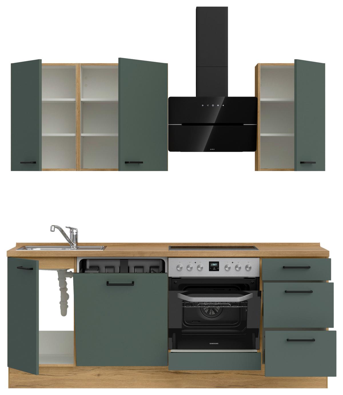 Kuchynská linka 210 cm, minerálna zelená,ultra matná - barvy dubu/černá, Moderní, kov/kompozitní dřevo (210cm) - Nobilia