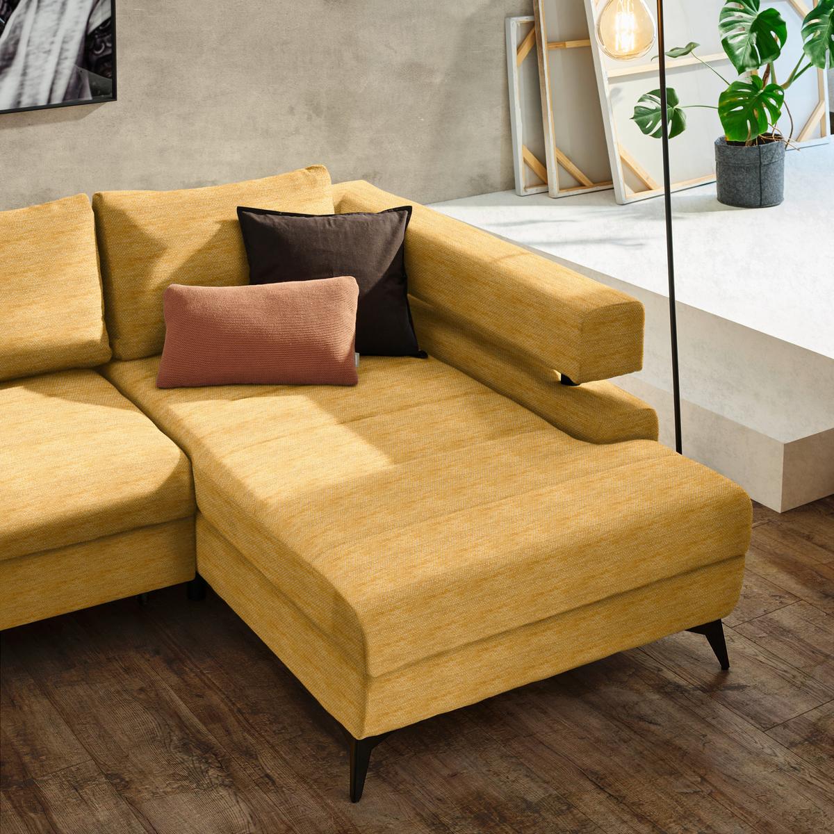Rohová sedačka ROSALIE, pravá s úložným prostorem a lůžkem - curry žlutá/černá, Konvenční, kov/textil (265/184cm)