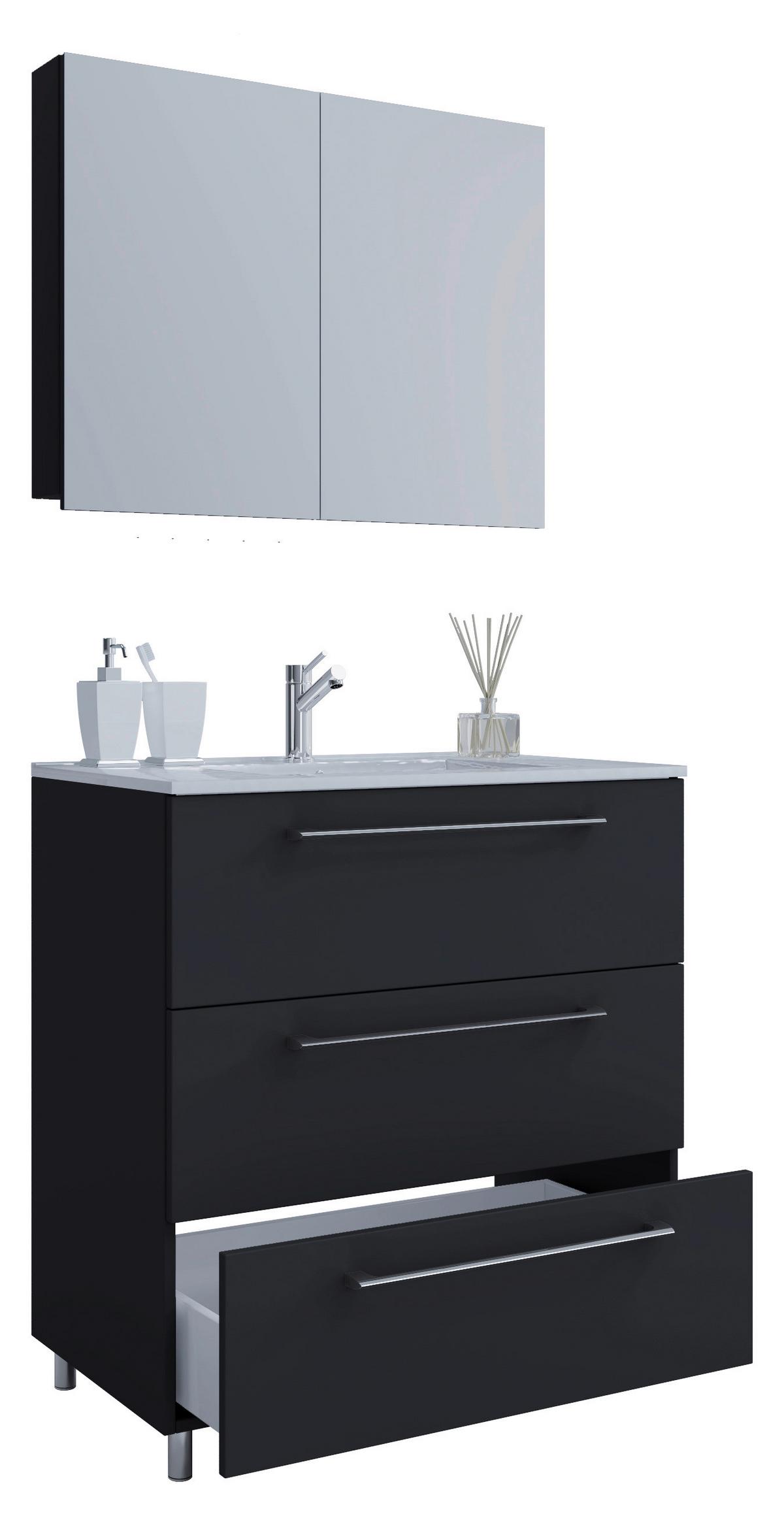 Badezimmer Schubo 3-Teilig Schwarz B: 60 cm - Alufarben/Schwarz, MODERN, Keramik/Holzwerkstoff (60cm) - MID.YOU