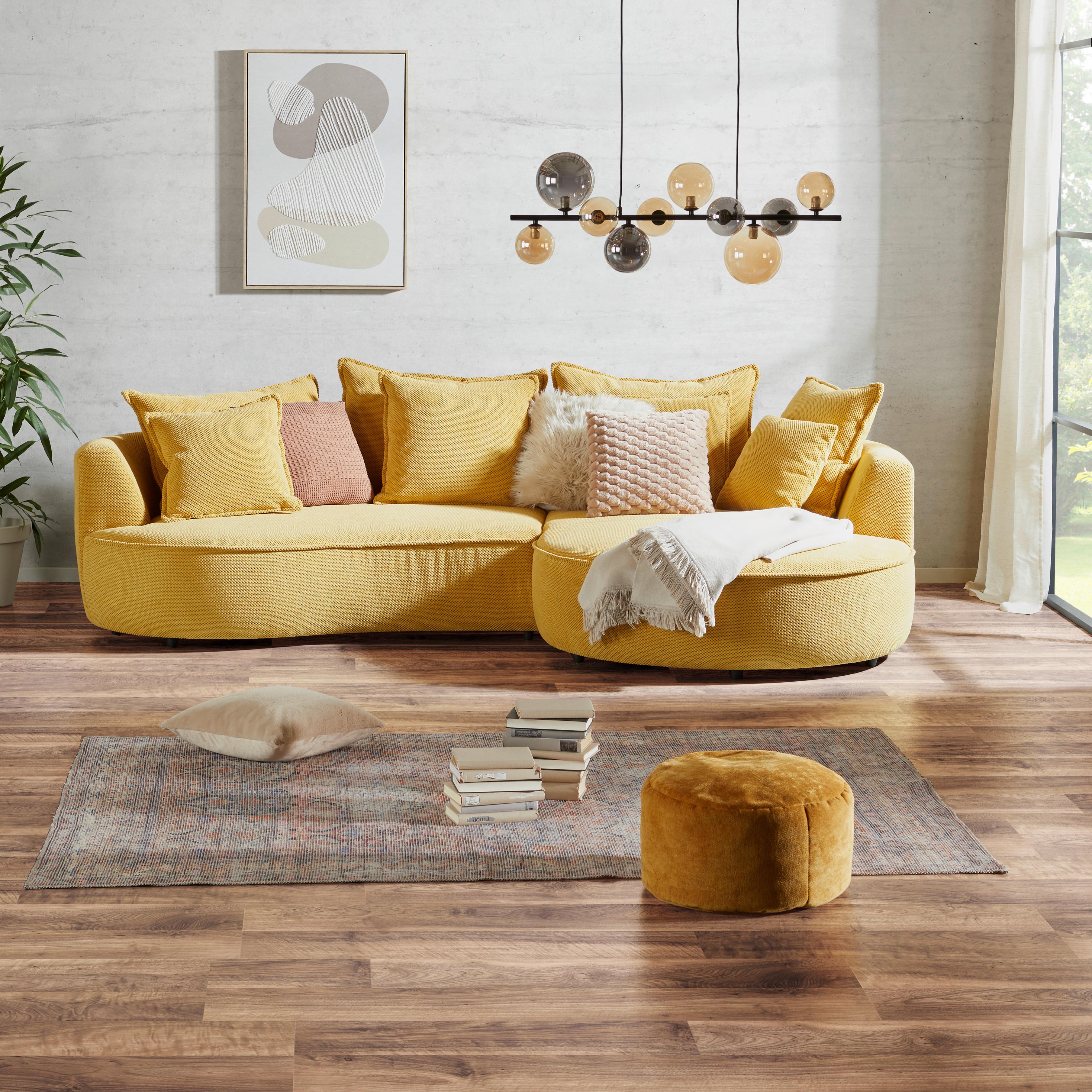 Rohová sedačka LEVI, pravá hořčicově žlutá, se 7 polštáři - černá/hořčicově žlutá, Moderní, textil/plast (287/168cm)