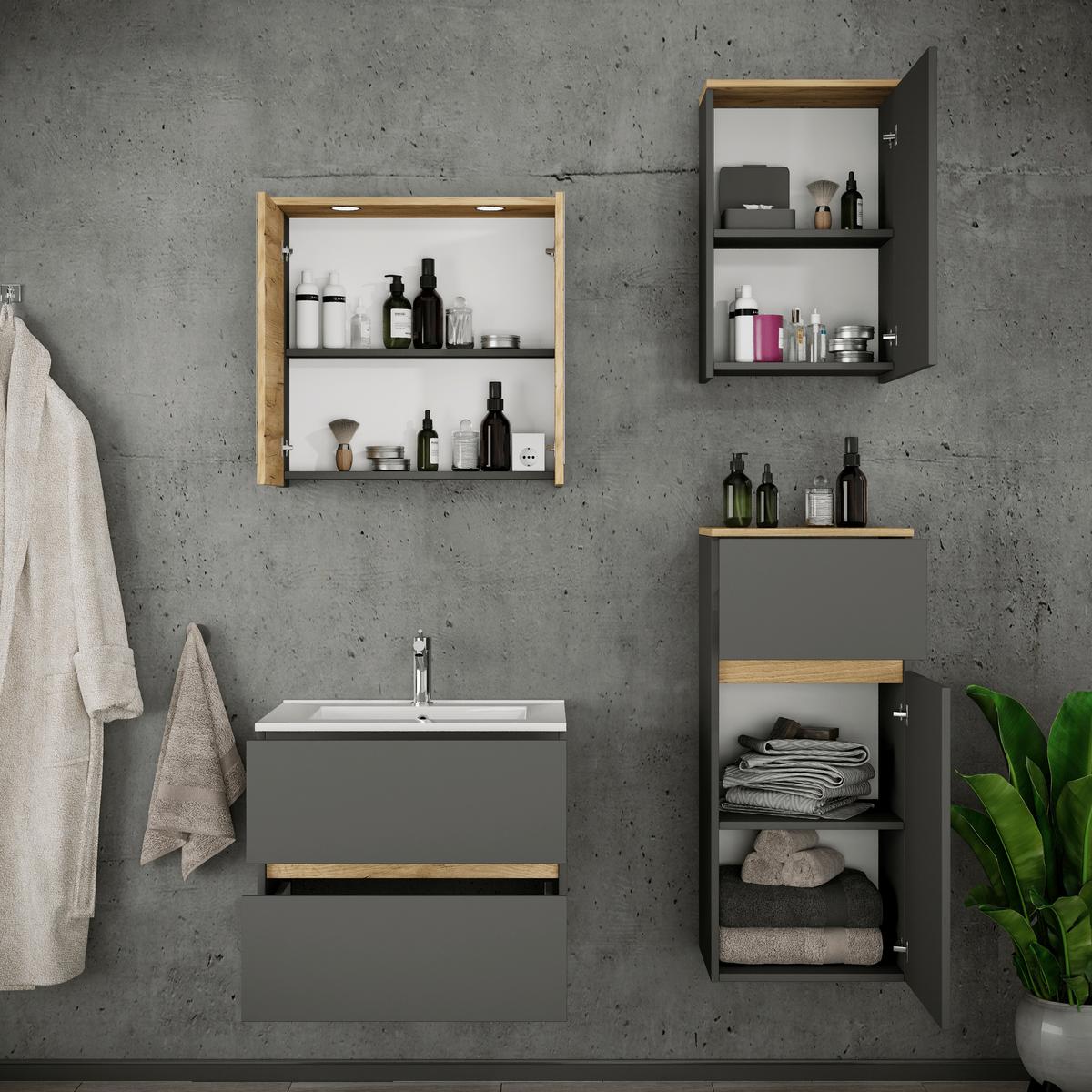 Fürdőszobabútor Cosila - méztölgy színű/antracit, Trend, faalapú anyag/kerámia (101cm) - MID.YOU