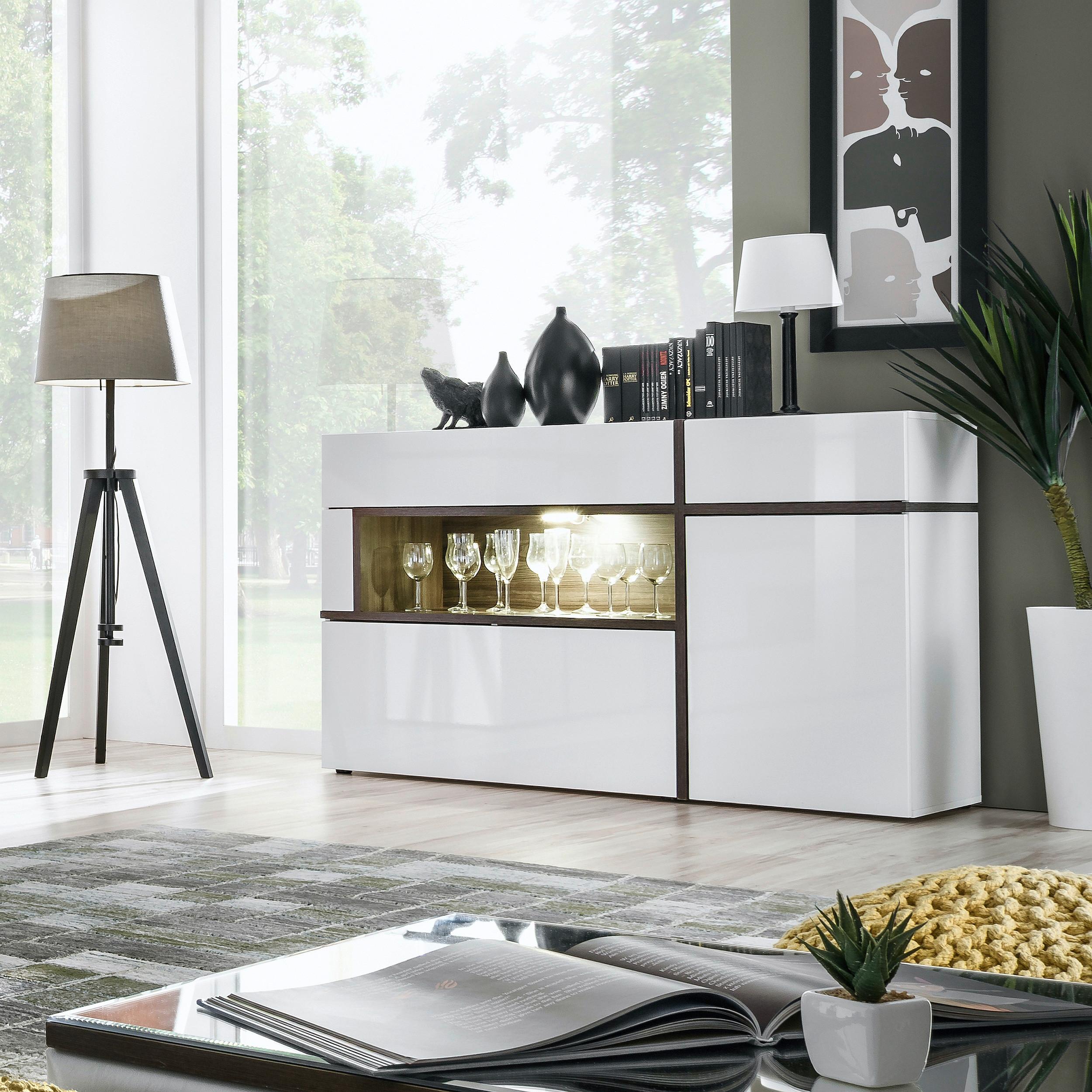 Široká komoda CROSS bílá - bílá/barvy jilmu, Moderní, kompozitní dřevo/plast (150/90/45cm) - Premium Living