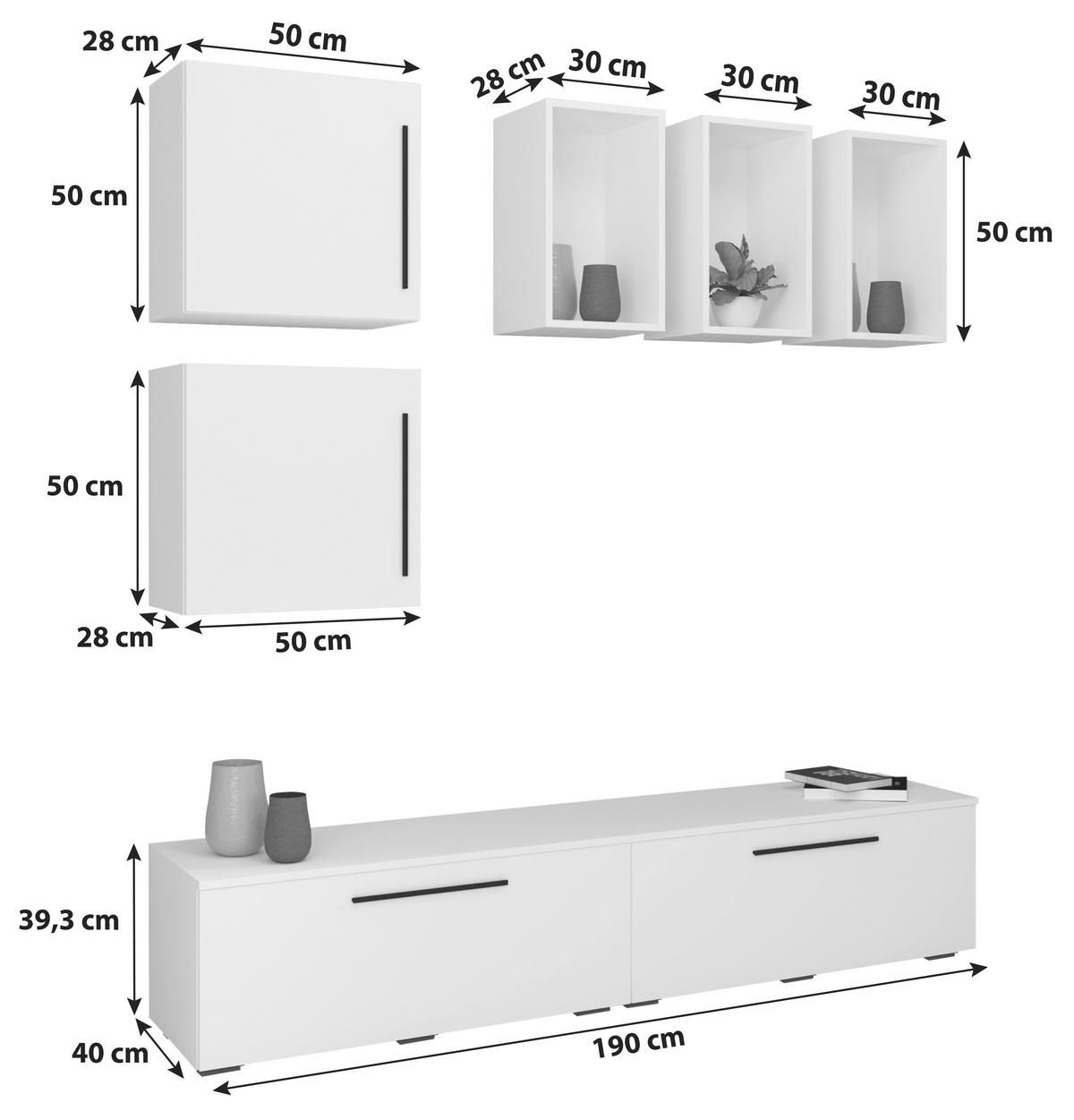 Obývací stěna Arila, 7- dílna, š: 190cm - bílá/černá, Moderní, kompozitní dřevo/plast (190/200/40cm) - MID.YOU