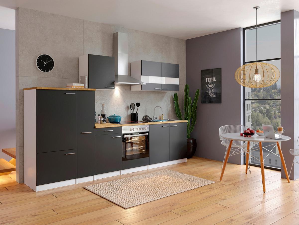 Küchenzeile Economy mit Geräten 300 cm Schwarz/Nussbaum Dekor - Nussbaumfarben/Schwarz, Basics, Holzwerkstoff (300cm) - Respekta