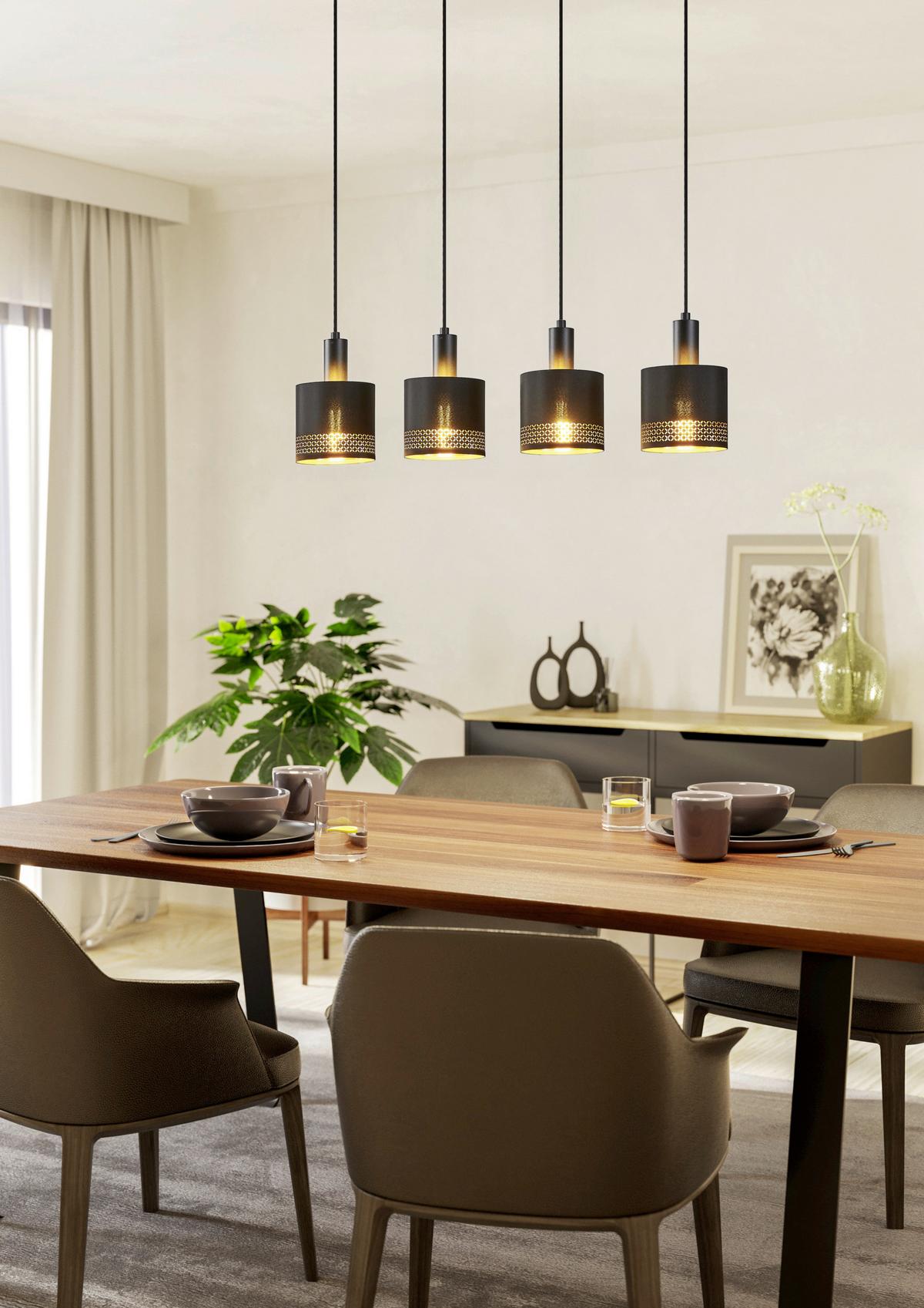 Hängeleuchte Esteperra H:110cm 4-Flammig, Textilschirme - Goldfarben/Schwarz, Design, Textil/Metall (16/110/94cm) - Eglo