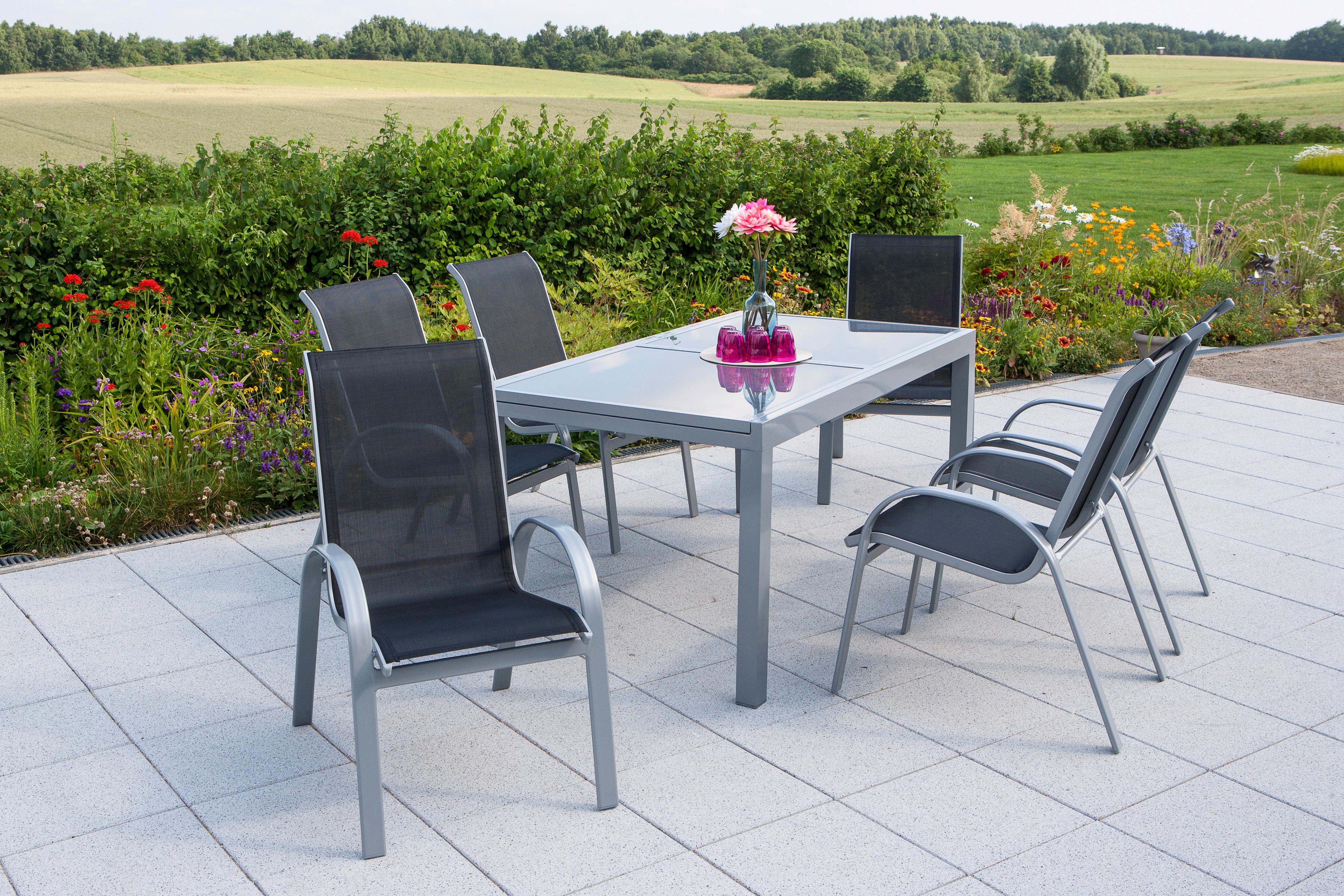 Gartengarnitur 7-Tlg. Amalfi Metall/Textil ausziehbar - Silberfarben/Schwarz, ROMANTIK / LANDHAUS, Glas/Textil - Gardenson