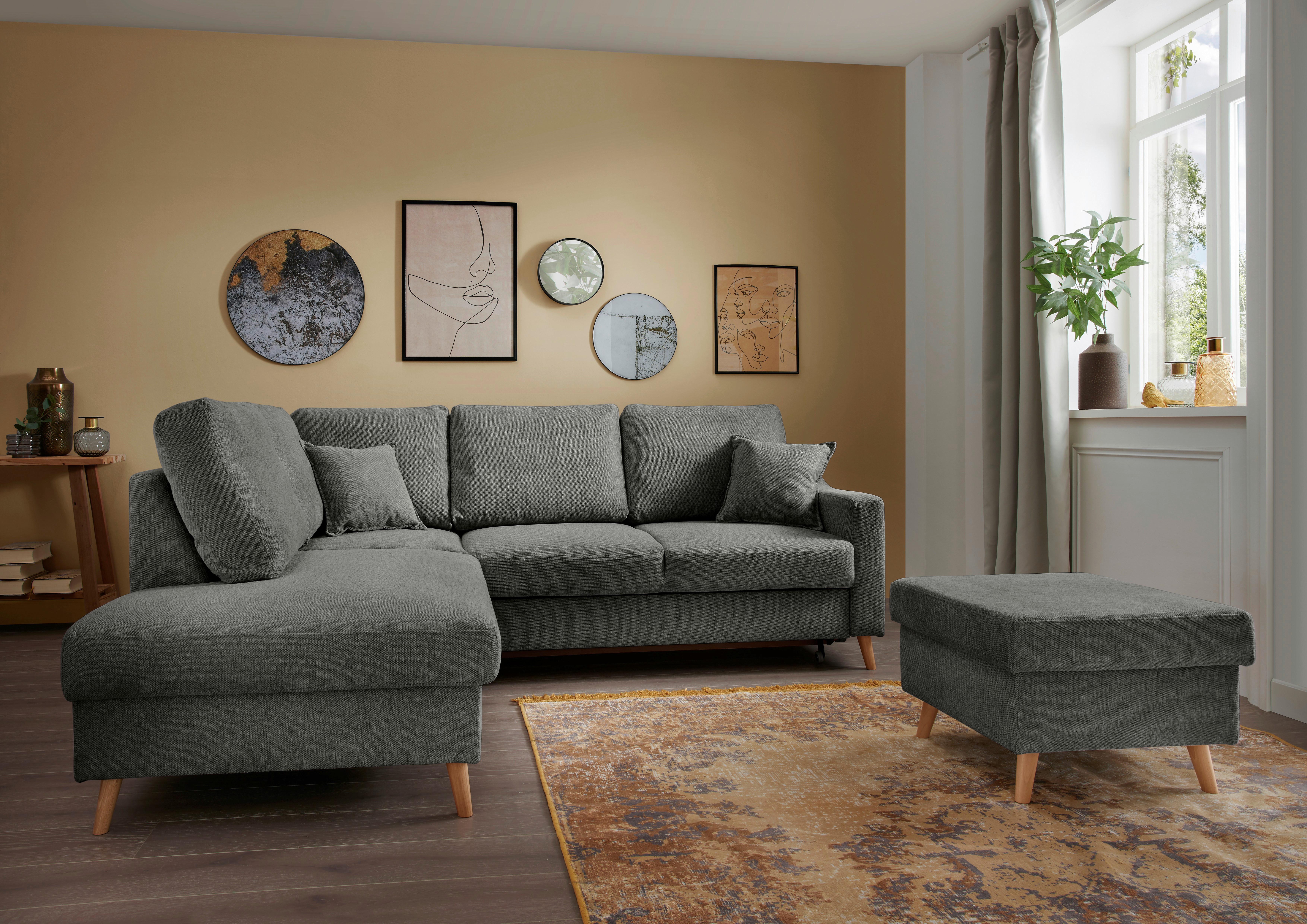 Ecksofa mit Schlaffunktion Valentina mit Kissen Anthrazit - Anthrazit/Naturfarben, KONVENTIONELL, Textil (200/230cm) - P & B