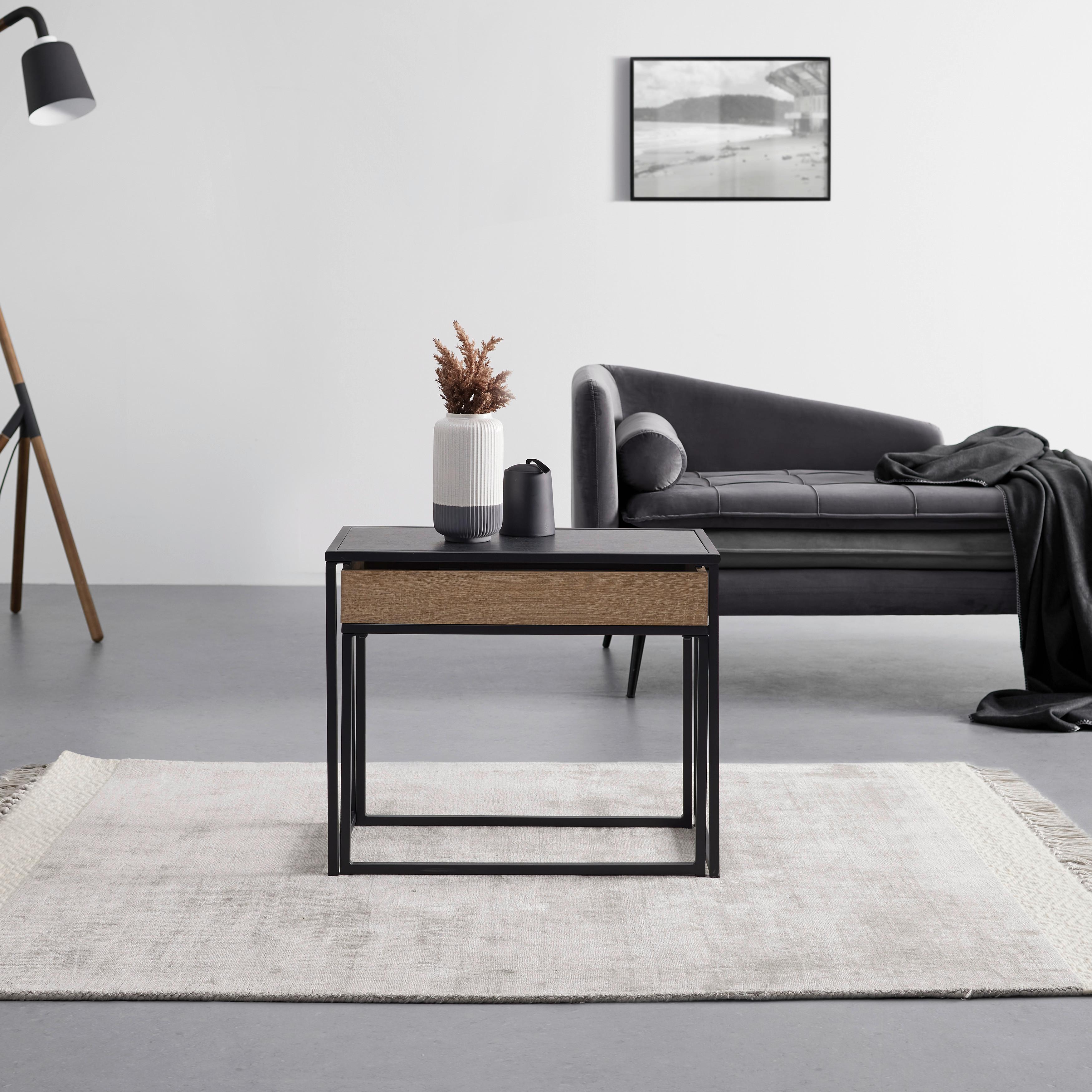 Konferenční stolek ANI 60x30 cm, dřevodekor/černá - černá/barvy dubu, Moderní, kov/kompozitní dřevo (60/30/48cm) - Bessagi Home