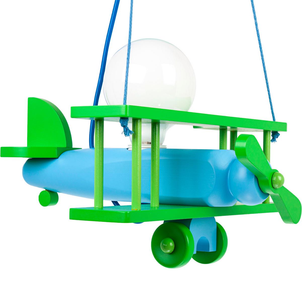 Kinderhängeleuchte Flugzeug H: 75 Cm 1-Flammig - Blau/Grün, KONVENTIONELL, Holz (29/31/75cm)