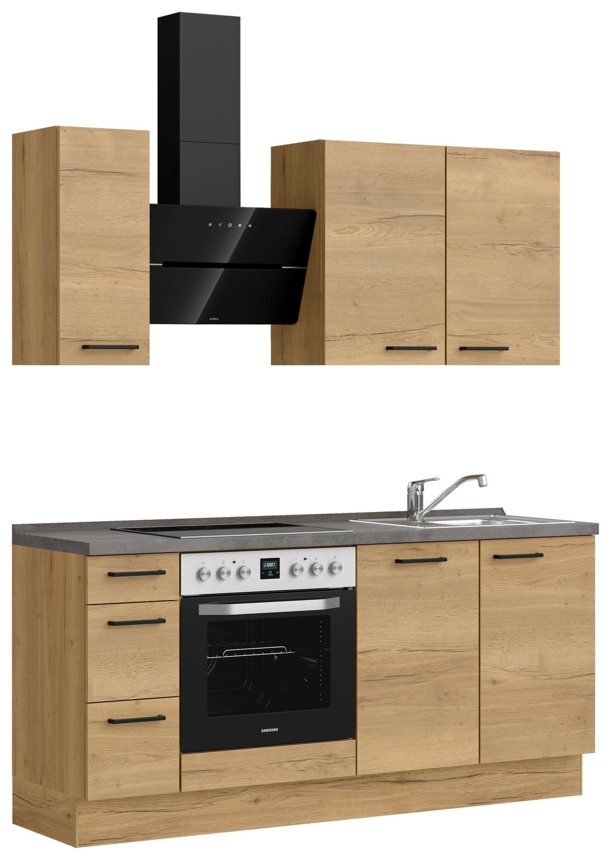 Kuchyňská linka 180 cm, dub Sierra - barvy dubu/černá, Moderní, kov/kompozitní dřevo (180cm) - Nobilia
