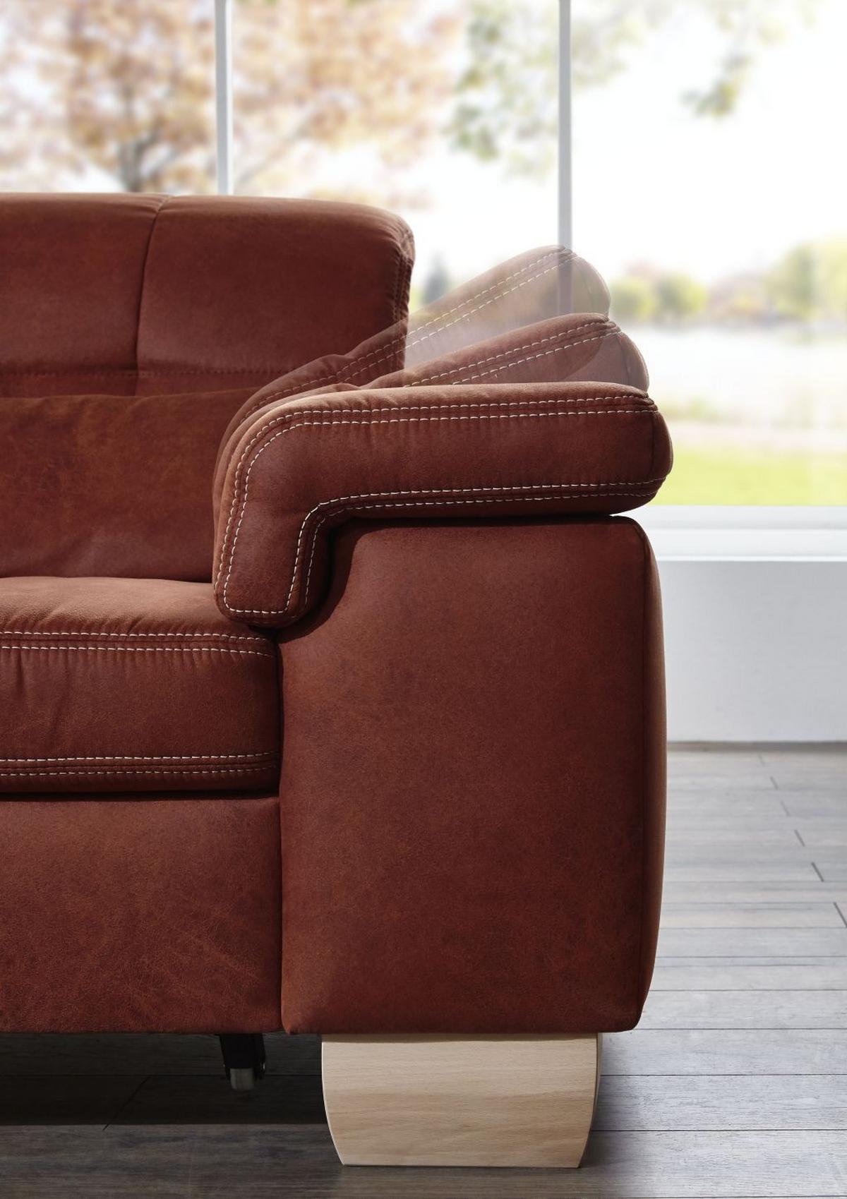 Sedací souprava U ELLA, levá, cihlová, s funkcemi - divoký dub/terracotta, Moderní, dřevo/textil (243/341/185cm)