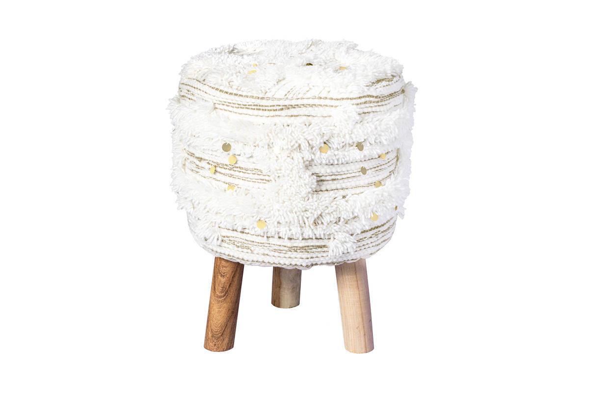 Hocker Bohist Makramee/ Echtholz Creme/olivgrün H:50cm
