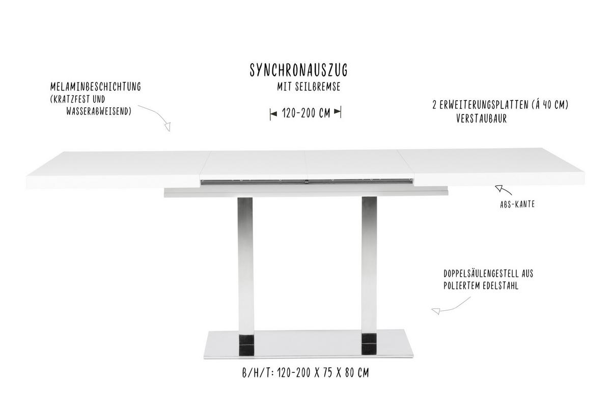 Esstisch Ausziehbar Quadrato Lxb: 120x80 Cm Weiß - Edelstahlfarben/Weiß, KONVENTIONELL, Holzwerkstoff/Metall (120/80/74cm) - MID.YOU